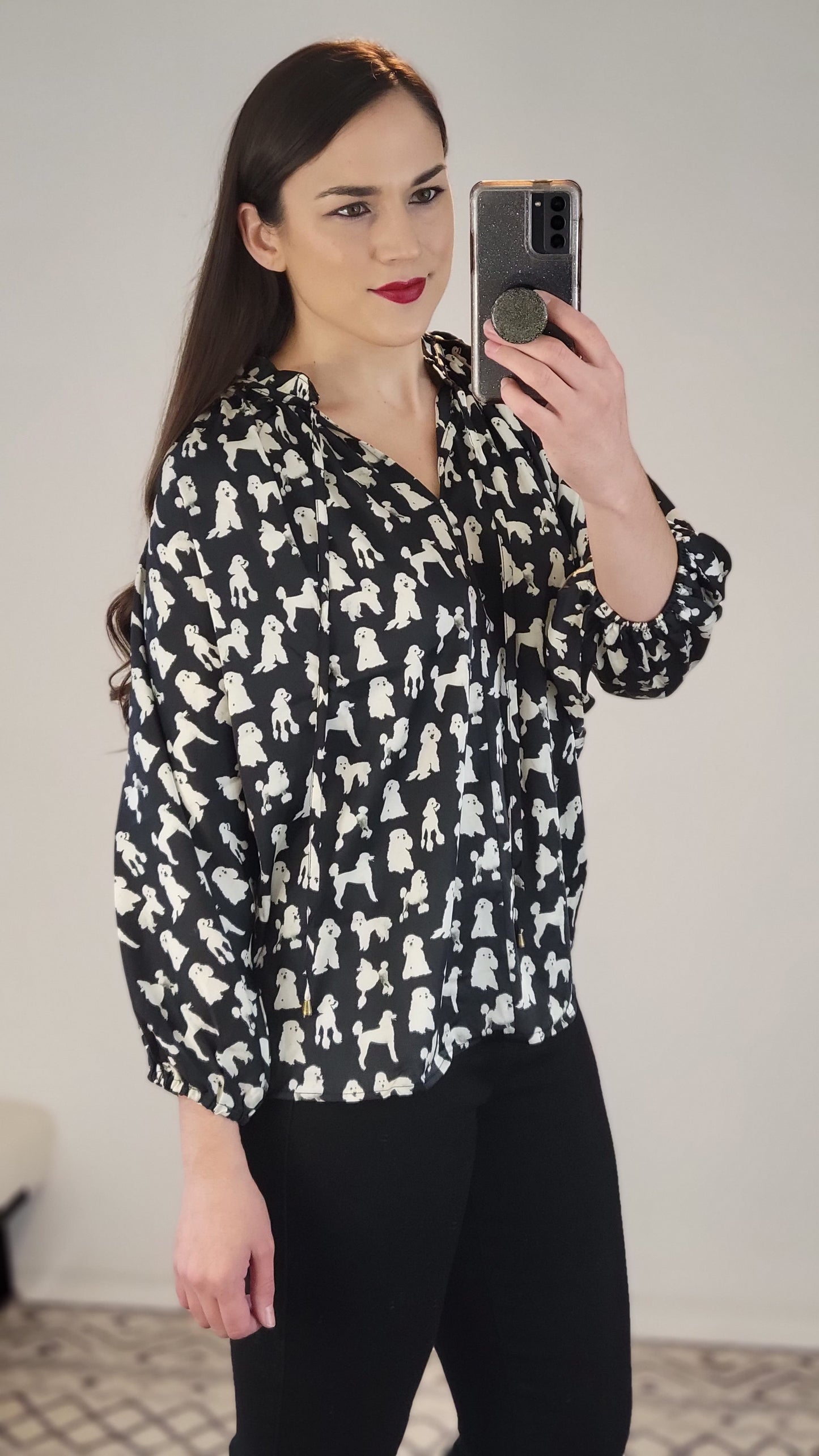 Black/White Poodle ¾ Sleeve Top "Meghan"