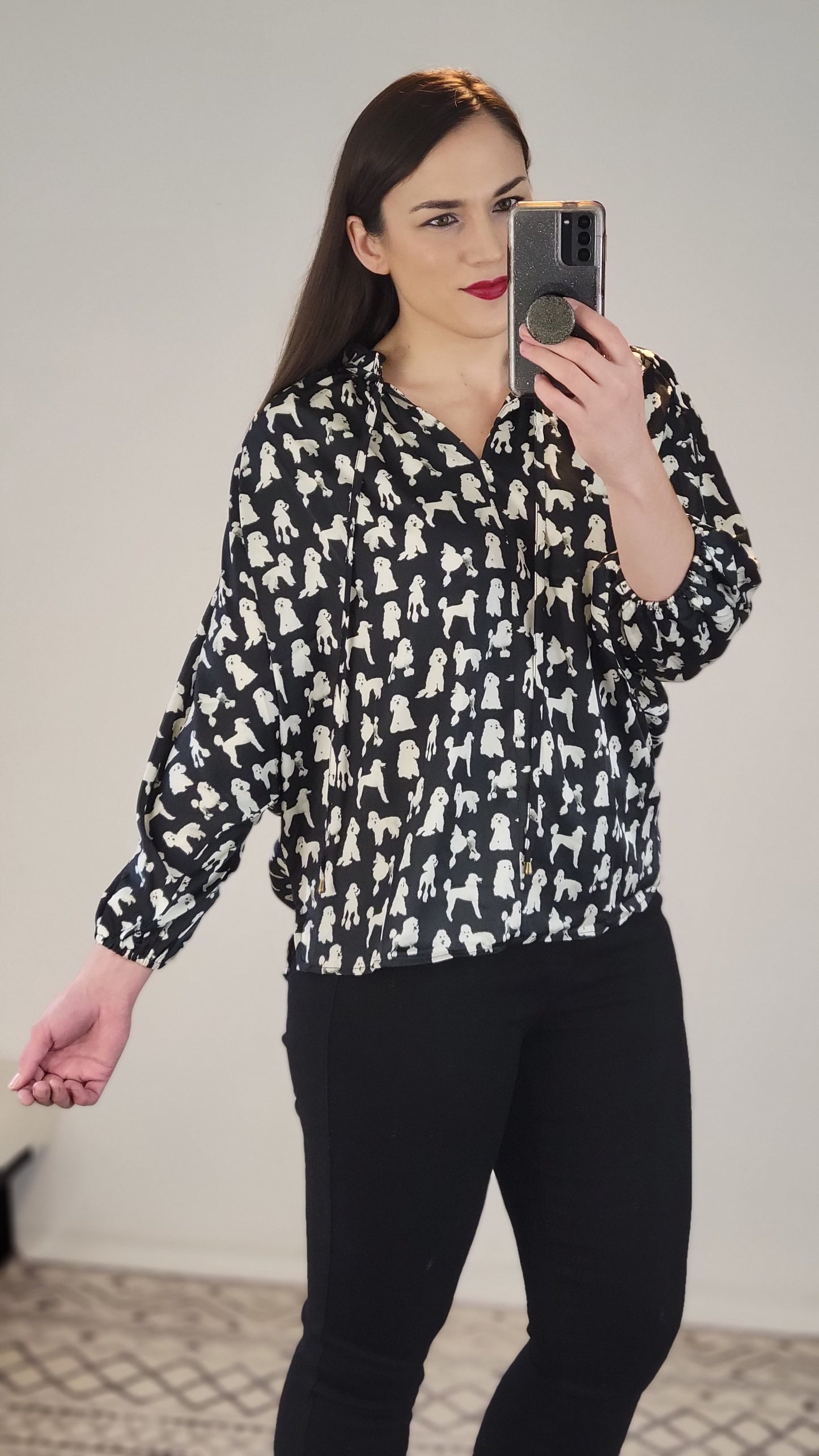 Black/White Poodle ¾ Sleeve Top "Meghan"