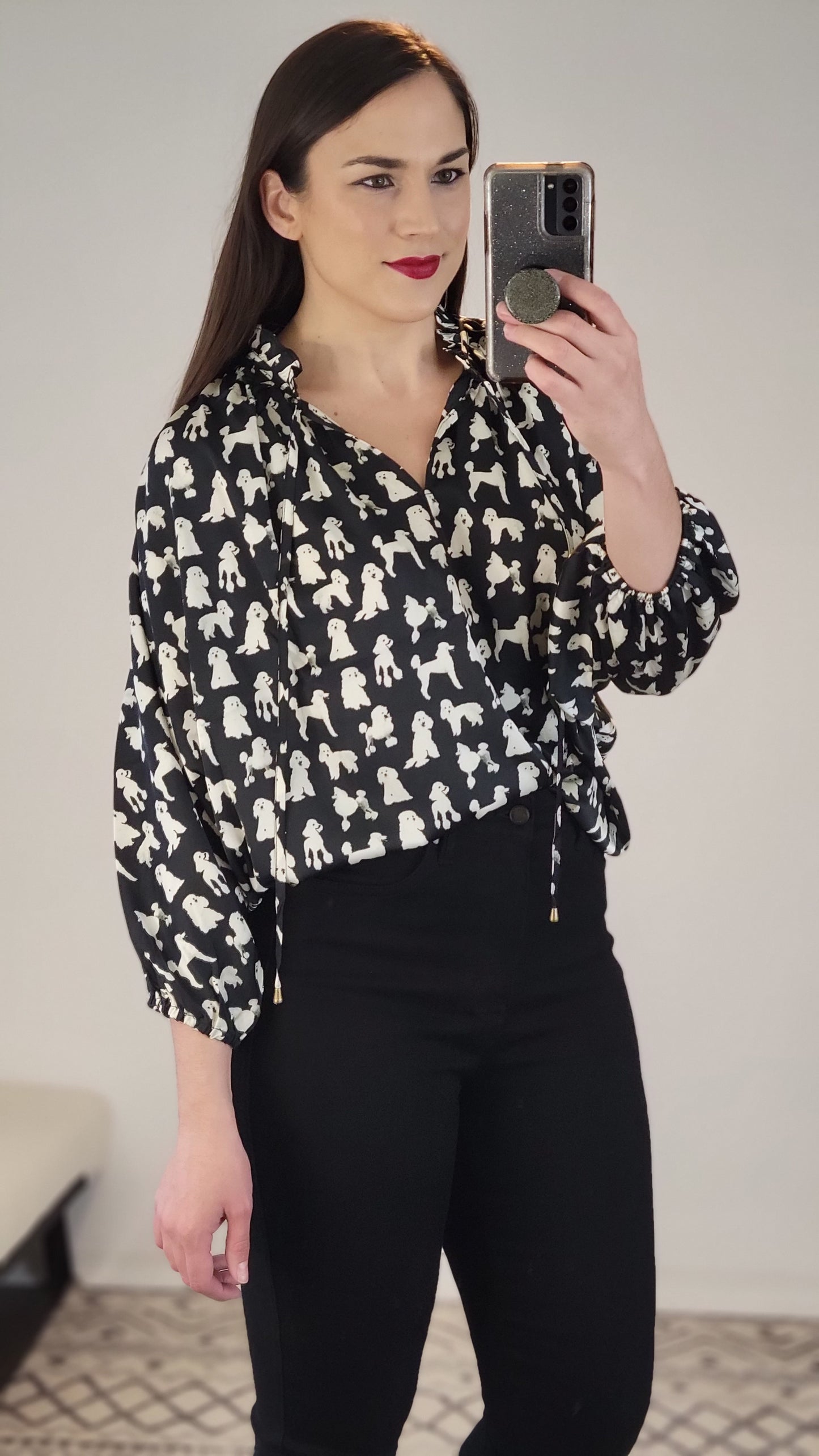 Black/White Poodle ¾ Sleeve Top "Meghan"