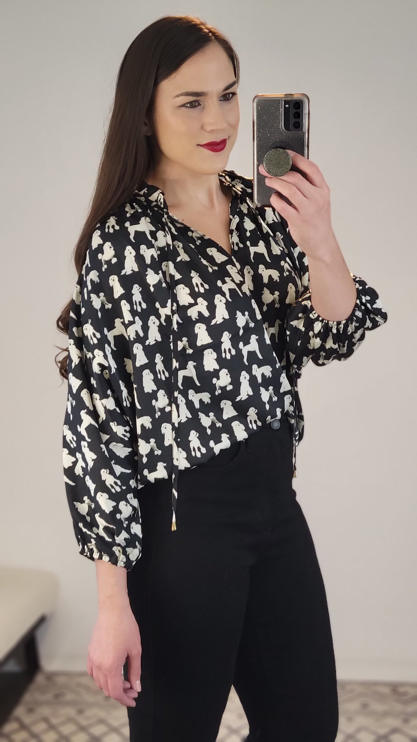 Black/White Poodle ¾ Sleeve Top "Meghan"