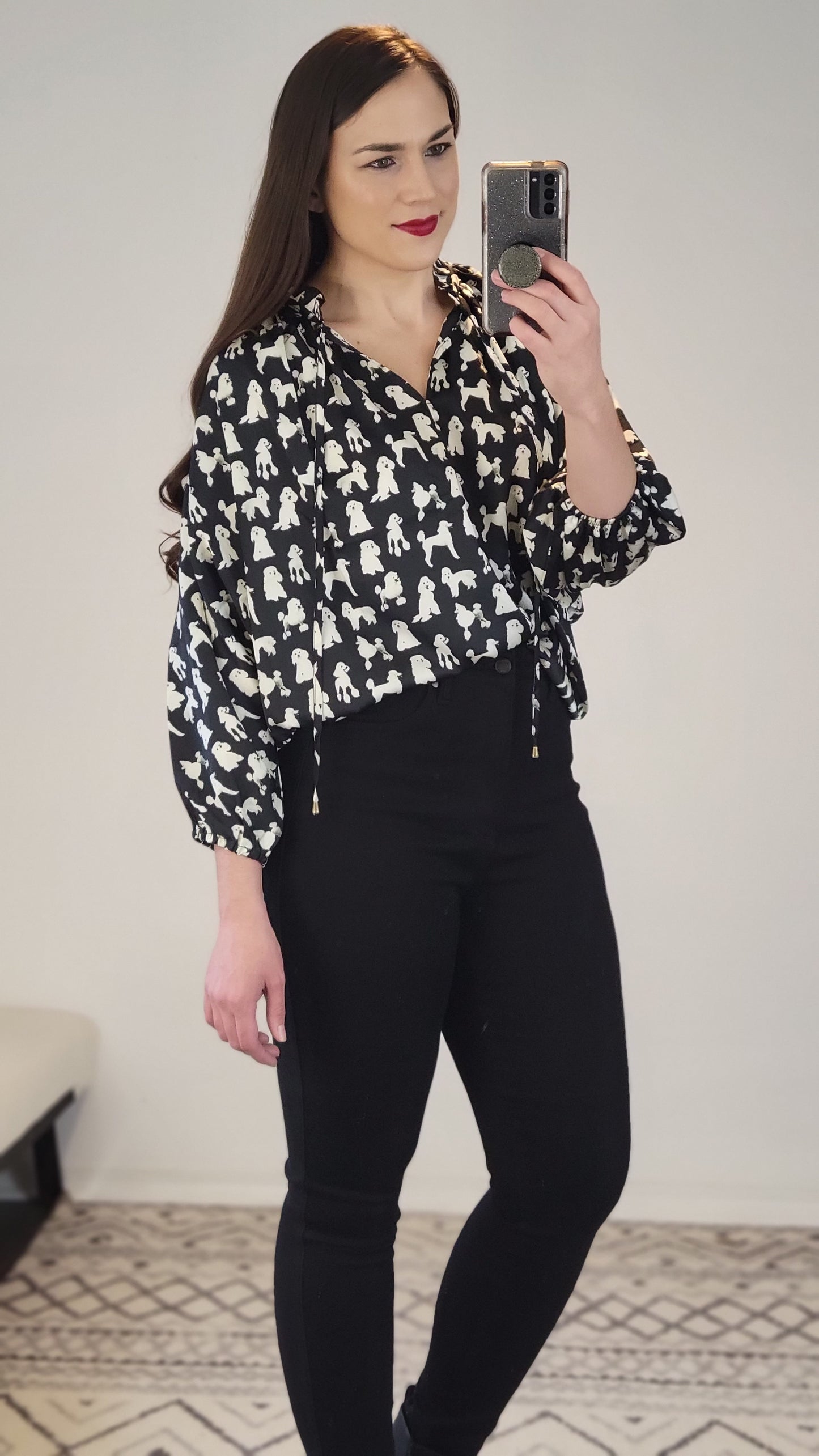 Black/White Poodle ¾ Sleeve Top "Meghan"