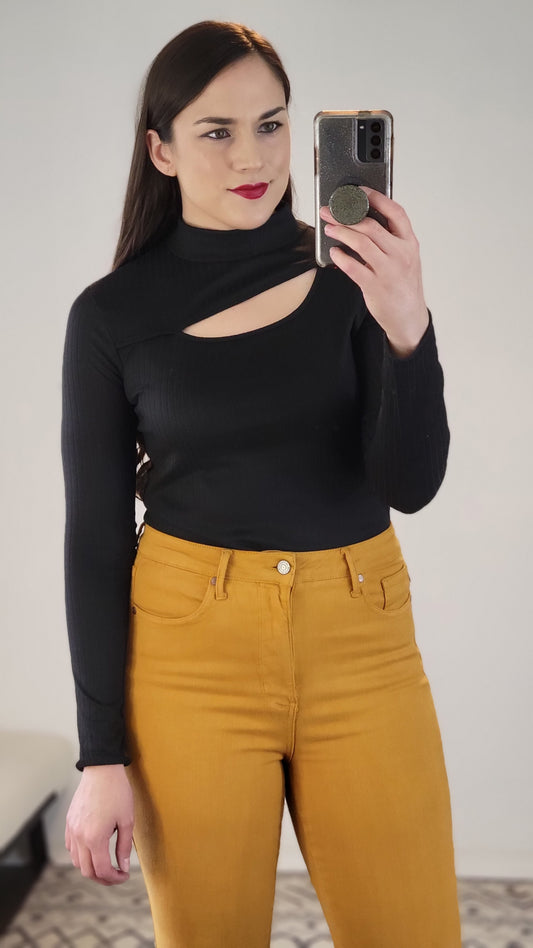 Black Knit Asymmetrical Keyhole Long Sleeve Top (S)