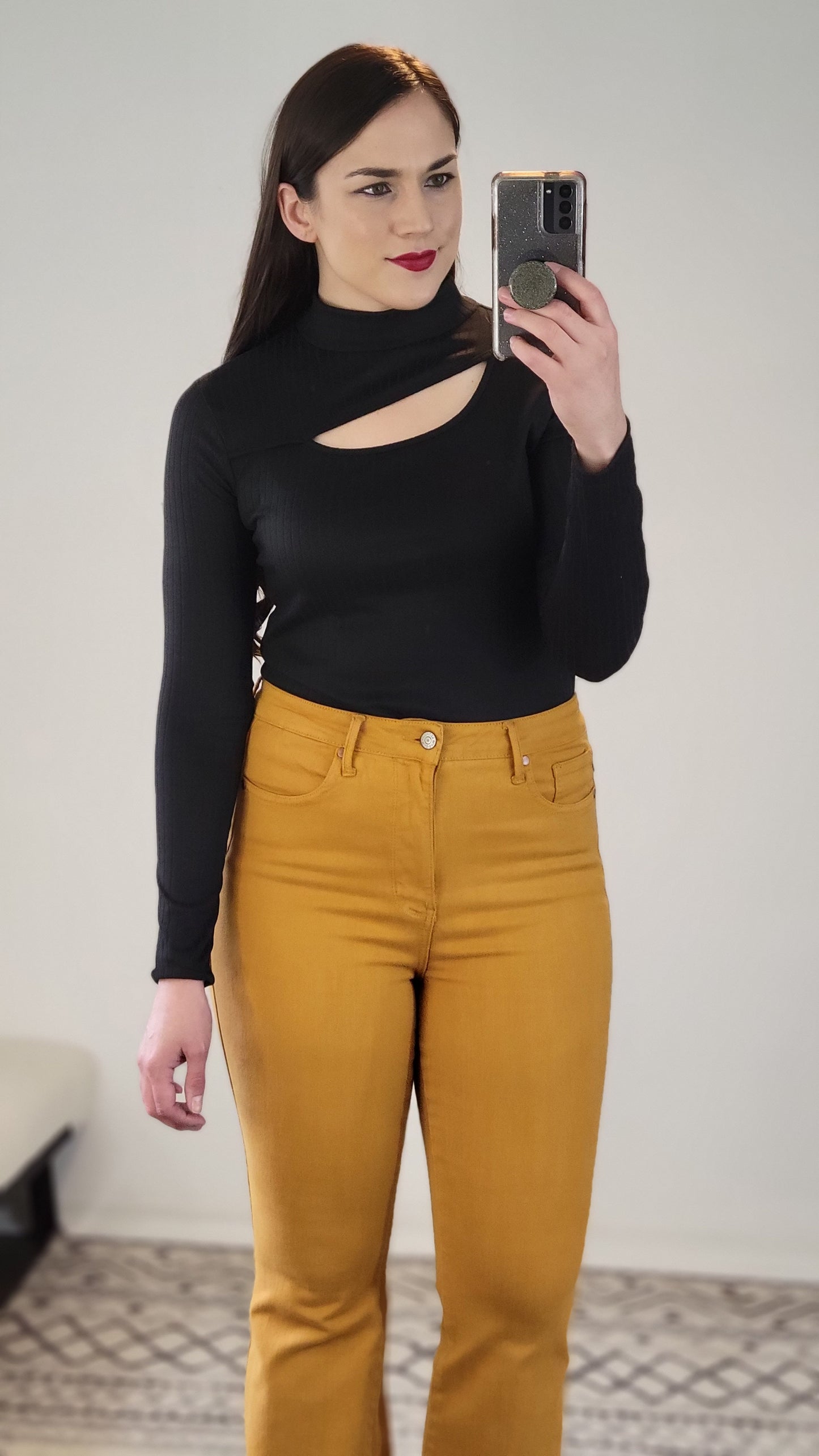 Black Knit Asymmetrical Keyhole Long Sleeve Top (S)