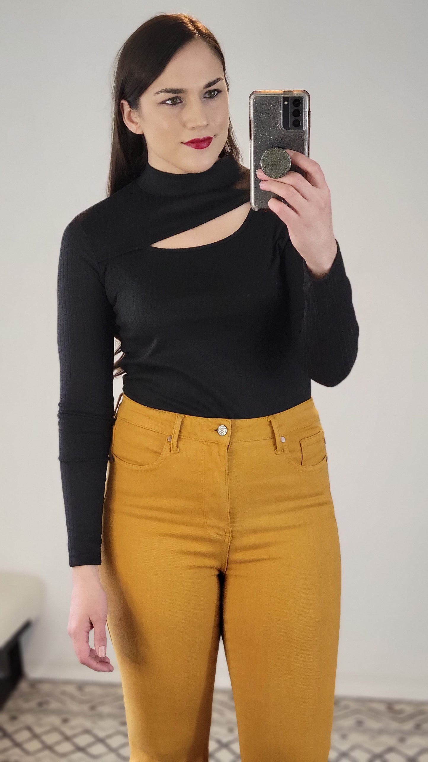 Black Knit Asymmetrical Keyhole Long Sleeve Top (S)