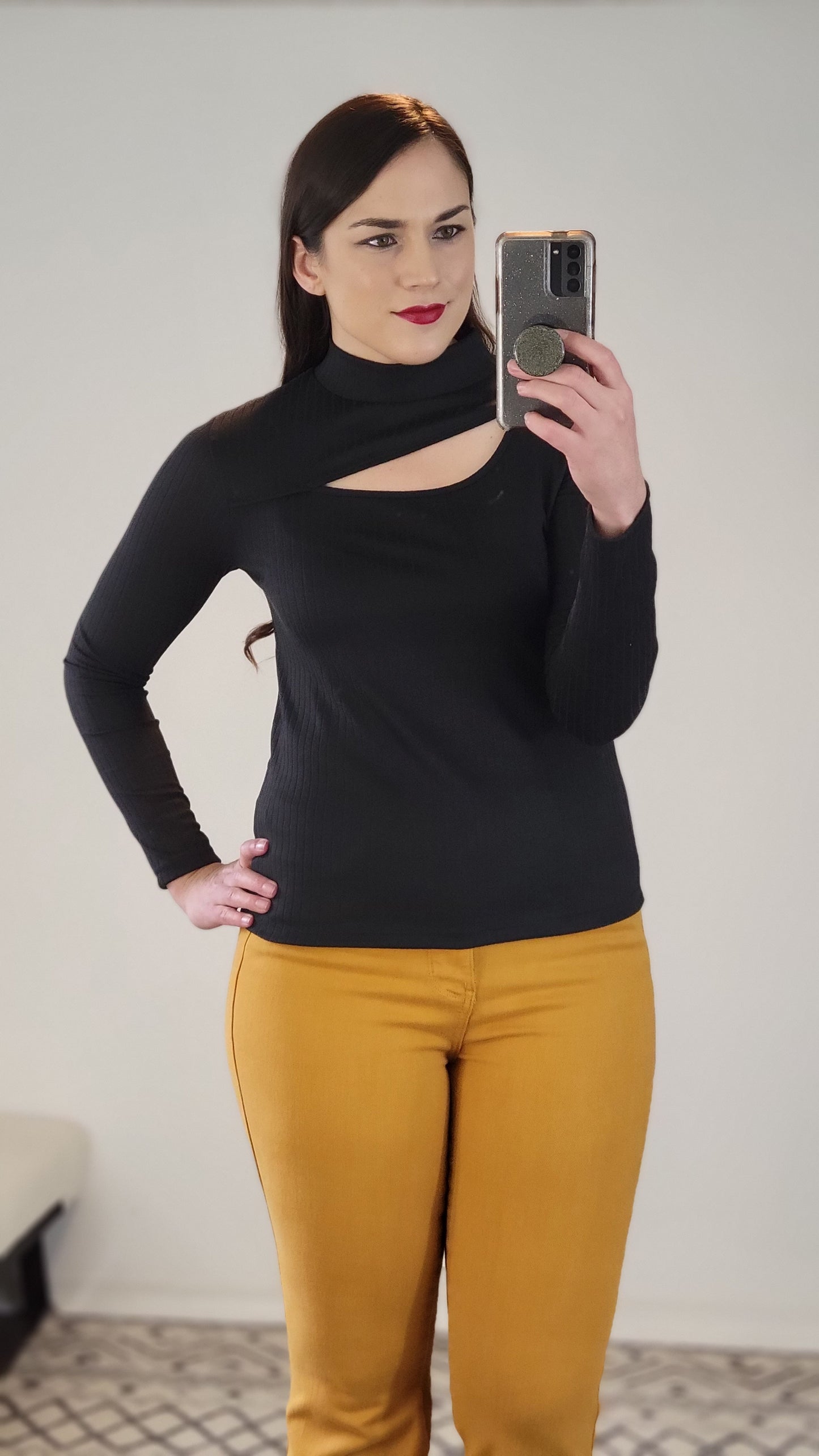 Black Knit Asymmetrical Keyhole Long Sleeve Top (S)