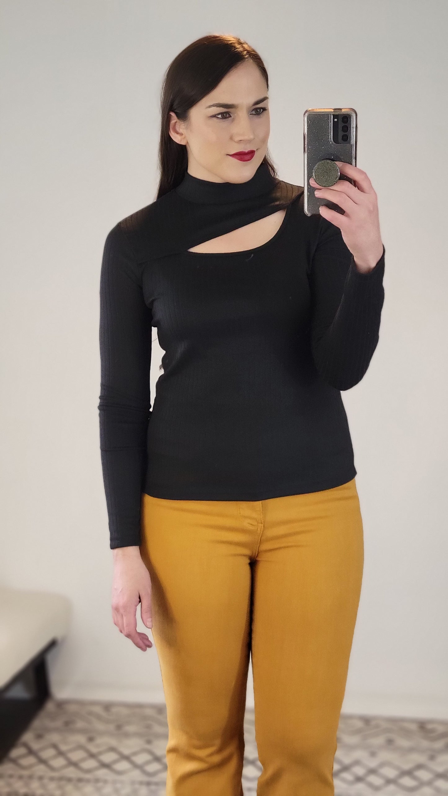 Black Knit Asymmetrical Keyhole Long Sleeve Top (S)
