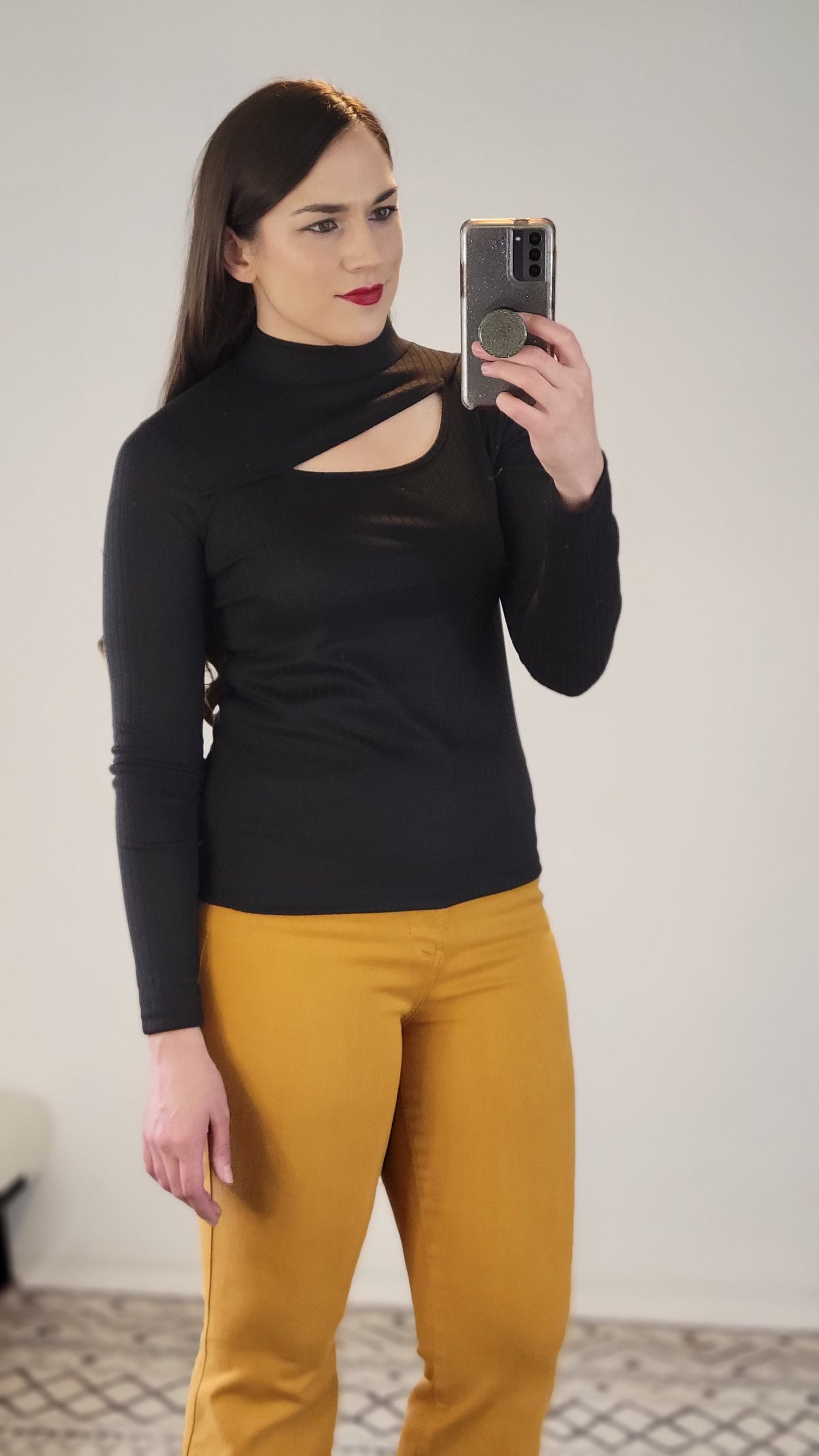 Black Knit Asymmetrical Keyhole Long Sleeve Top (S)