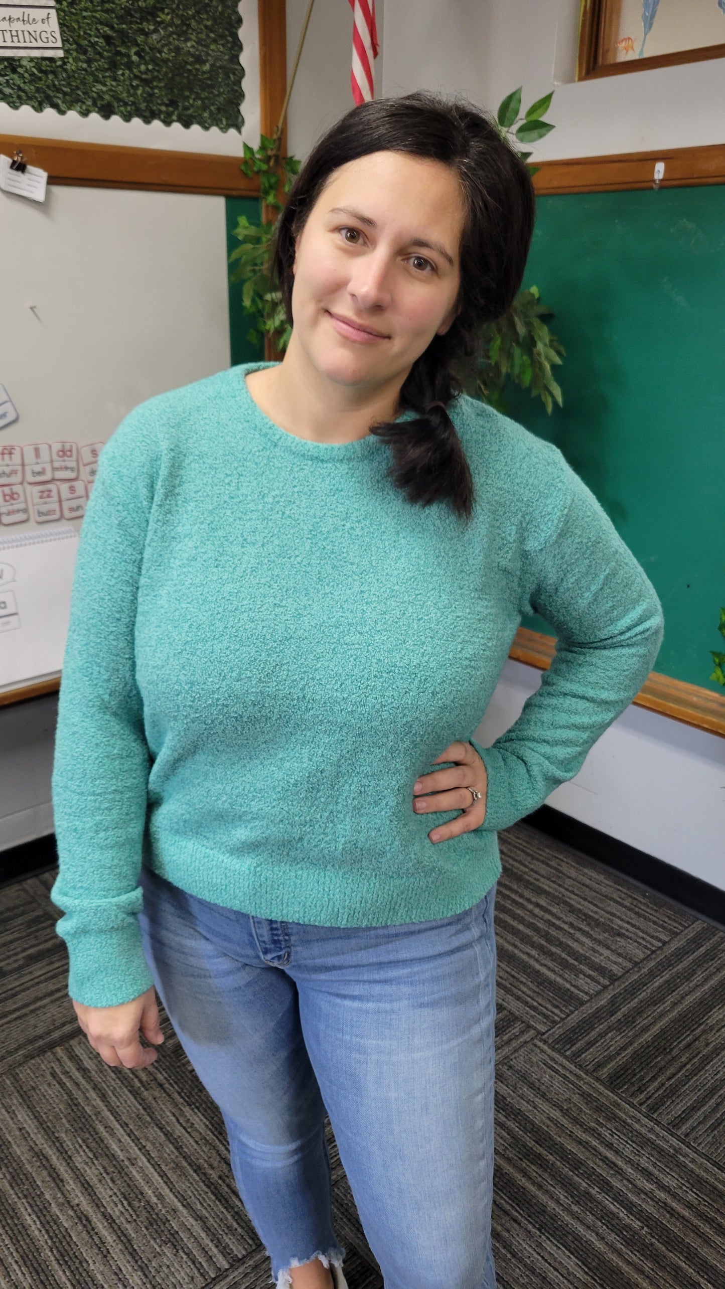 Deep Aqua Relaxed Crop Sweater "Gabrielle"