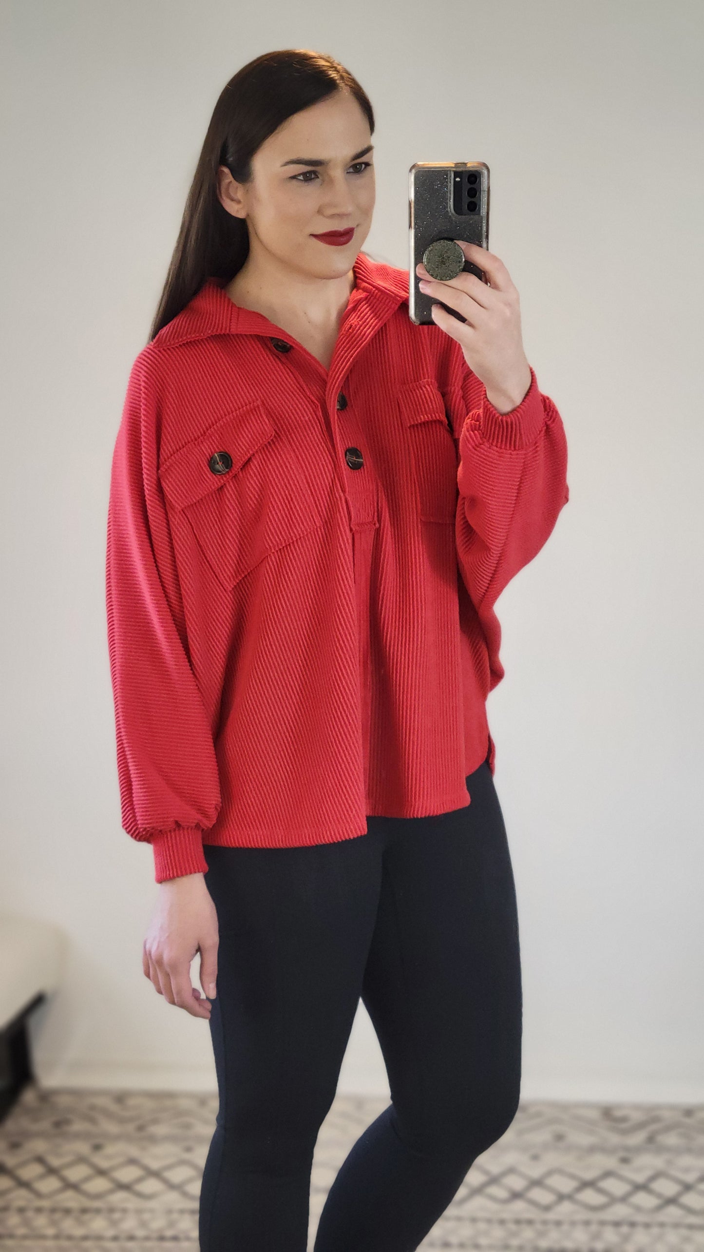 Red Collared Oversize Button Up Ribbed Pullover Top "Paige"
