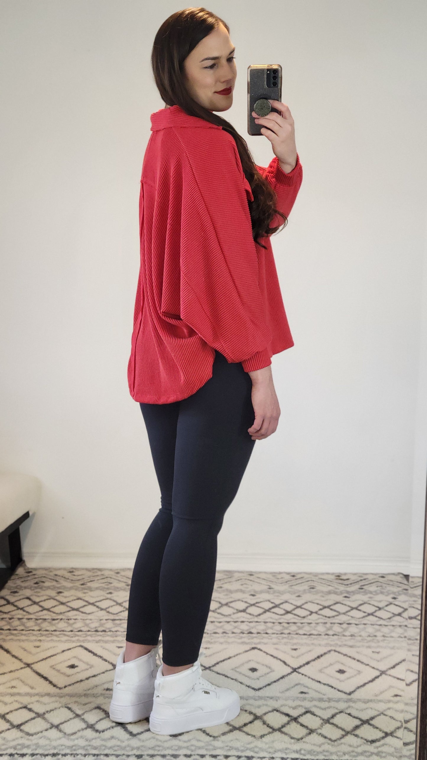 Red Collared Oversize Button Up Ribbed Pullover Top "Paige"