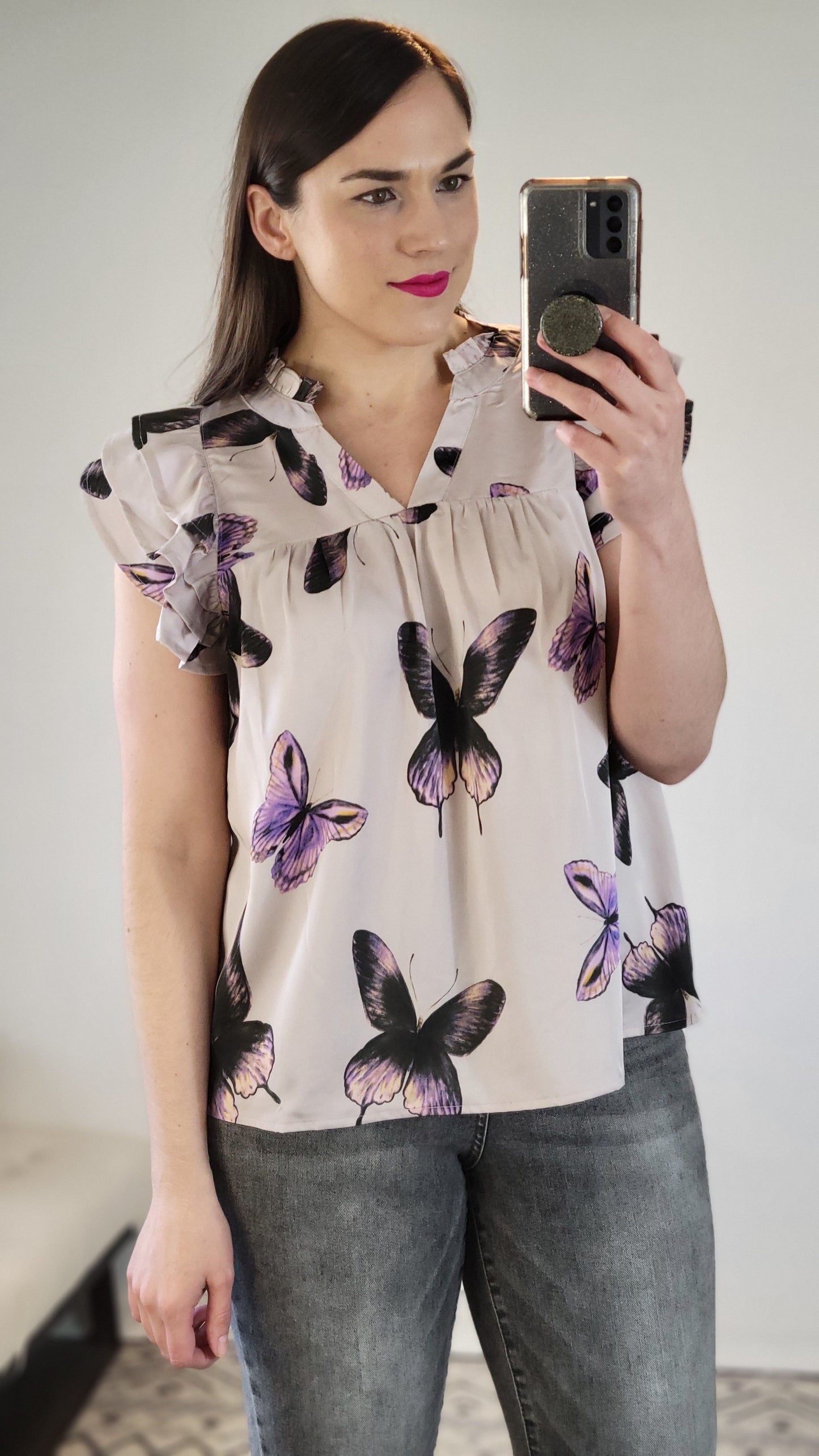 Purple Butterfly Ruffle Sleeve Satin Top “Irulan” (1X)