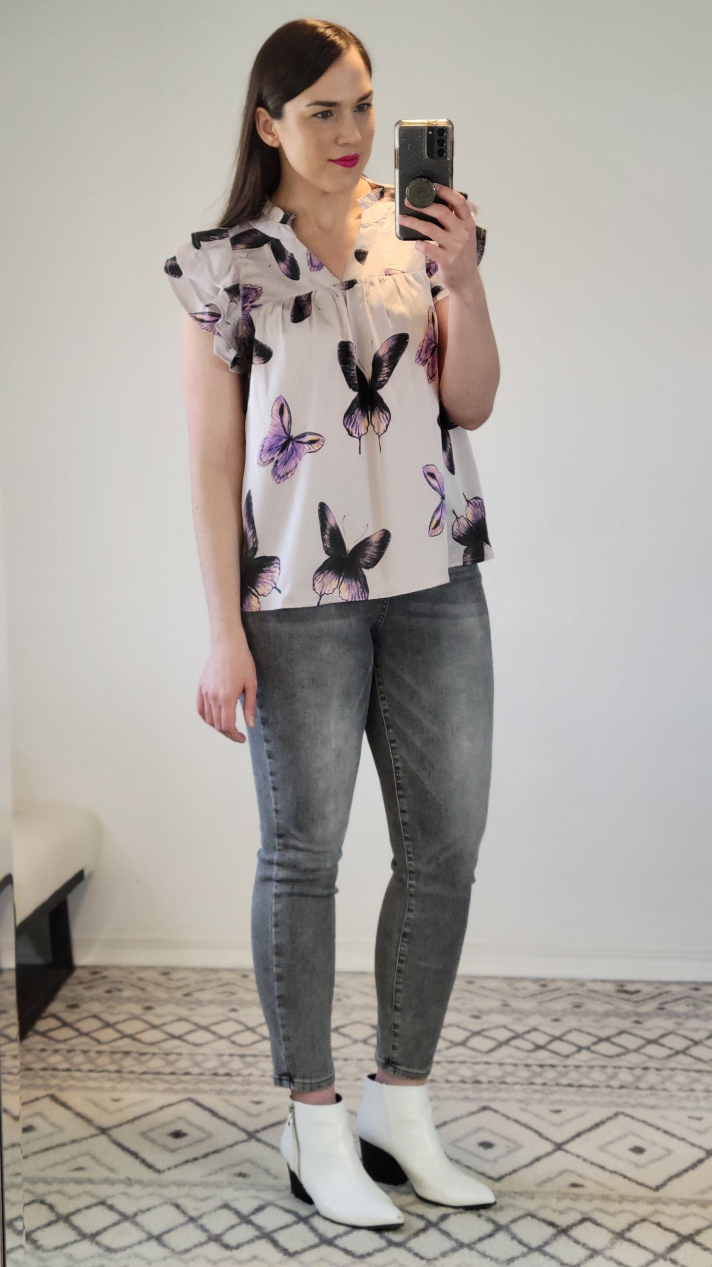 Purple Butterfly Ruffle Sleeve Satin Top “Irulan” (1X)