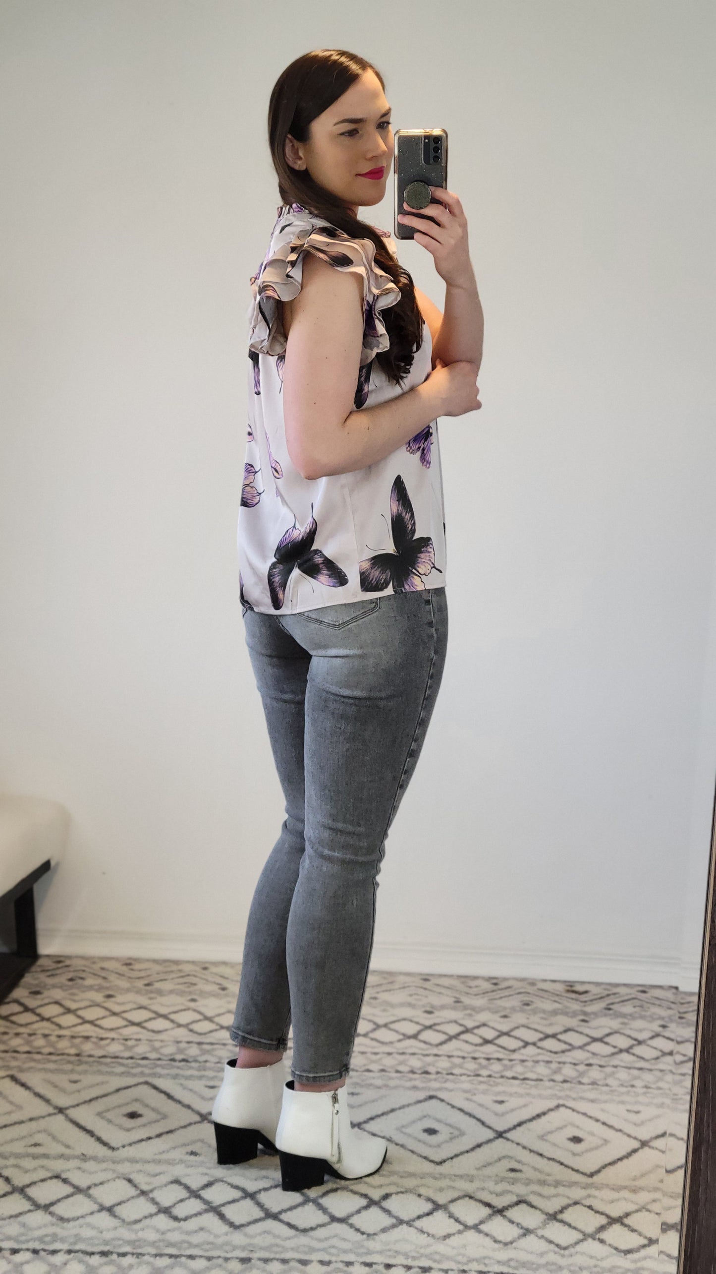 Purple Butterfly Ruffle Sleeve Satin Top “Irulan” (1X)