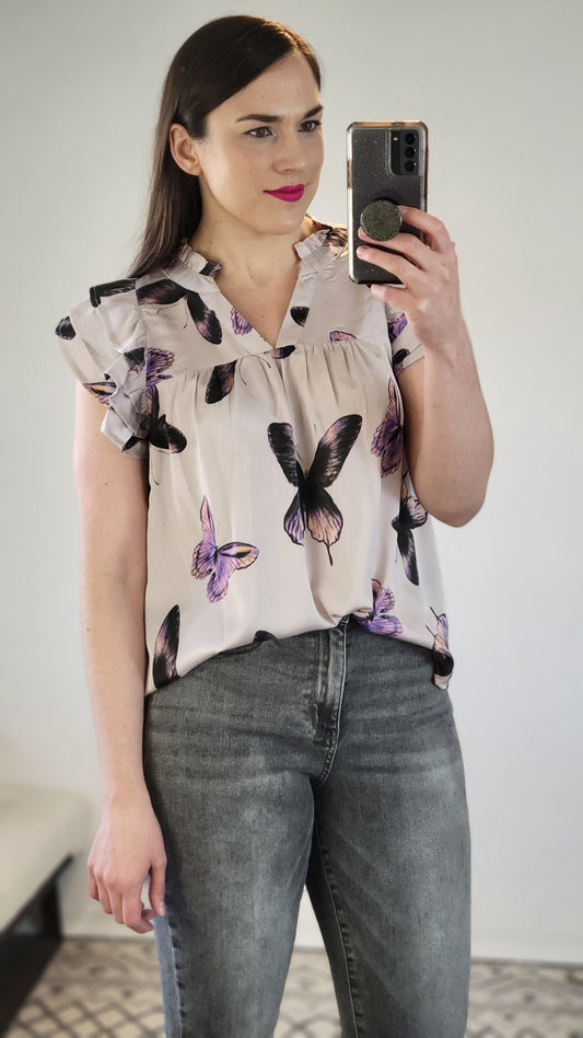 Purple Butterfly Ruffle Sleeve Satin Top “Irulan” (1X)