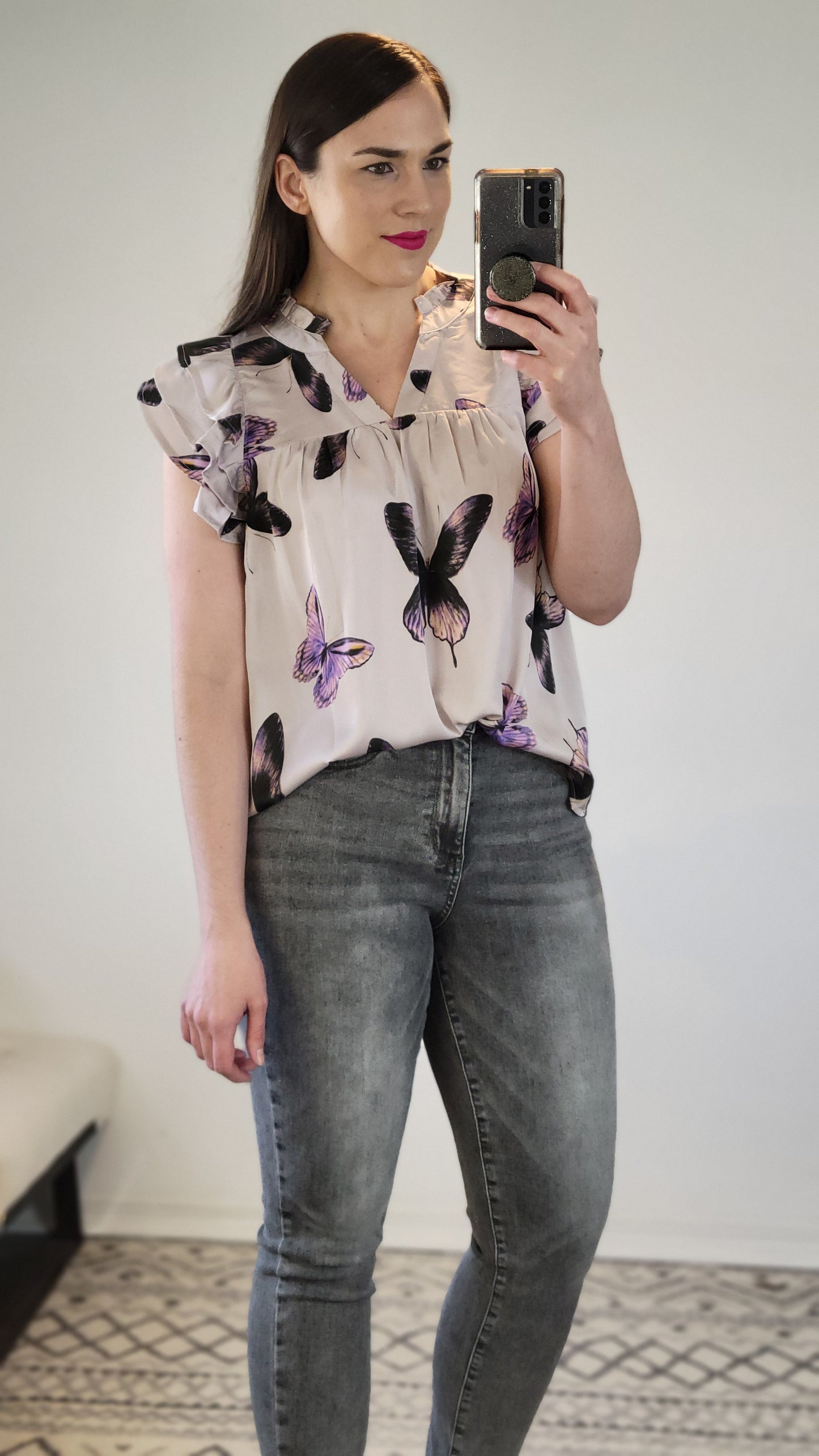 Purple Butterfly Ruffle Sleeve Satin Top “Irulan” (1X)