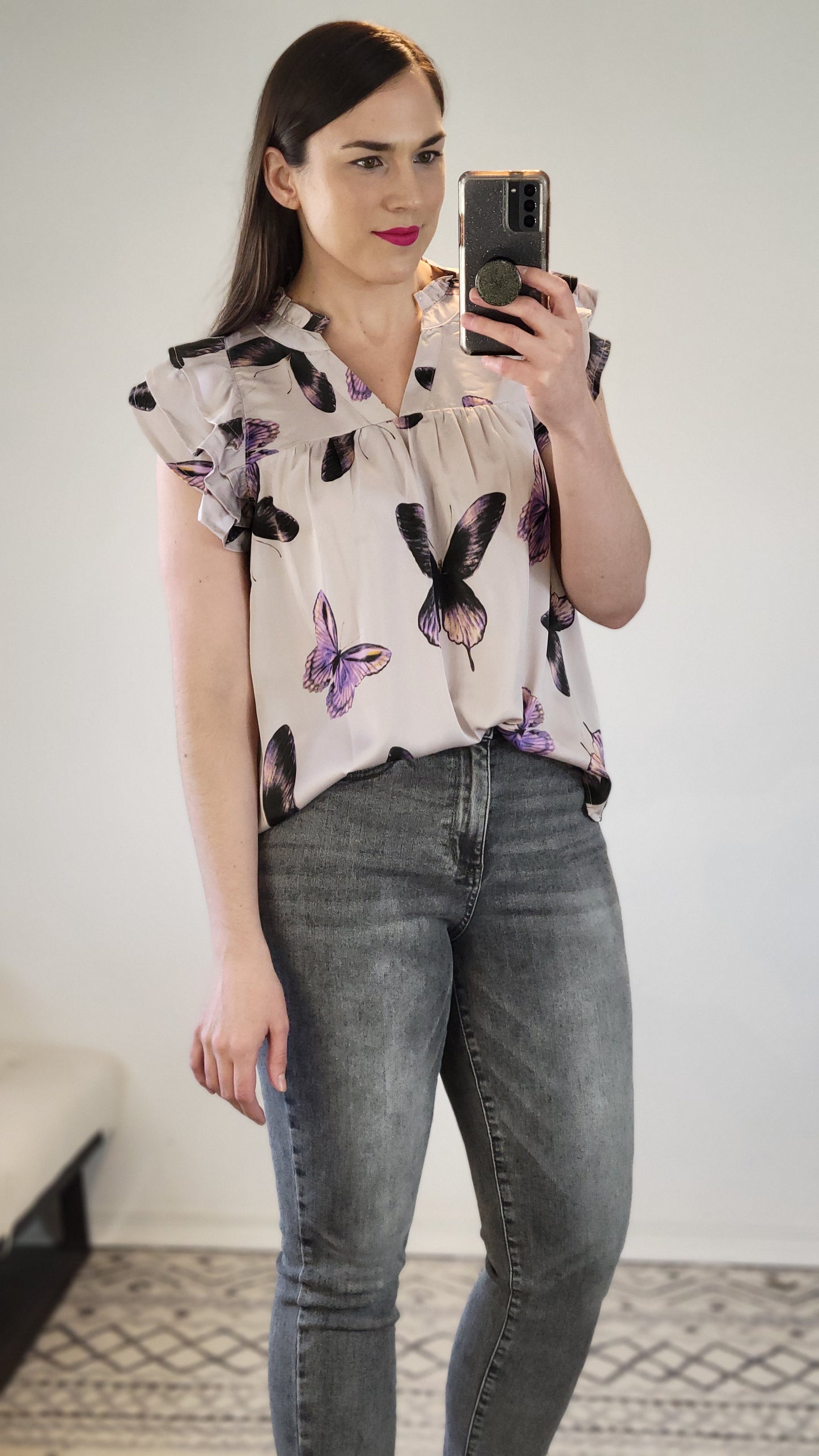 Purple Butterfly Ruffle Sleeve Satin Top “Irulan” (1X)