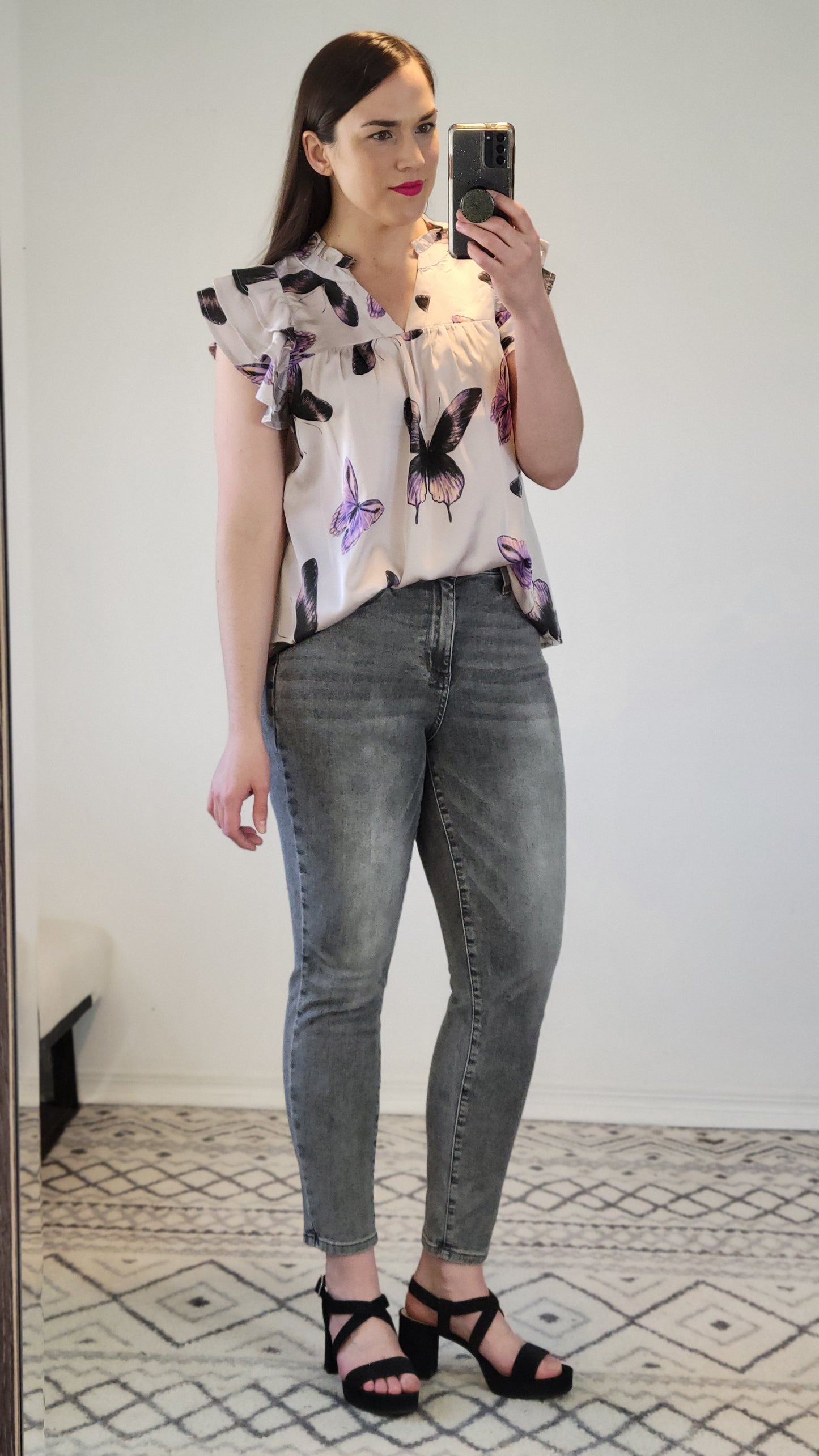 Purple Butterfly Ruffle Sleeve Satin Top “Irulan” (1X)