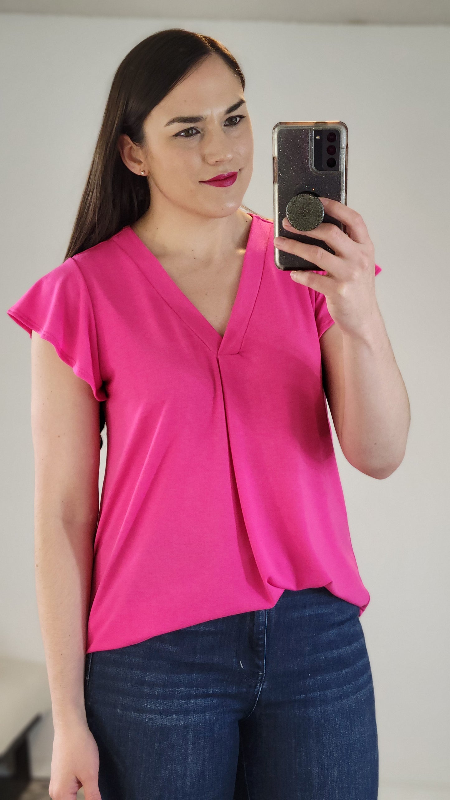 Fuchsia Flutter Sleeve Top “Tatiana” (XL)(2X)