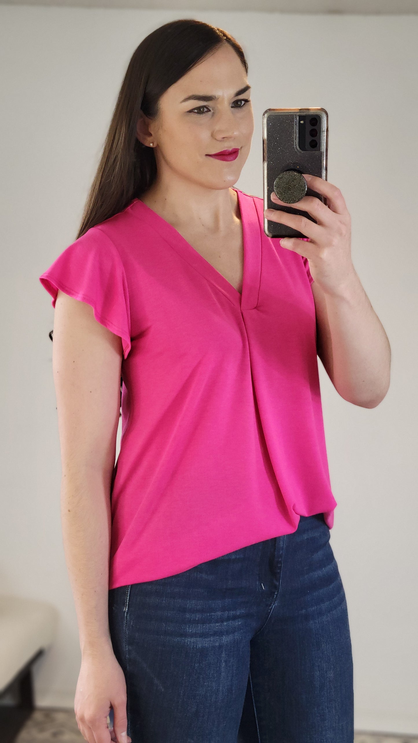 Fuchsia Flutter Sleeve Top “Tatiana” (XL)(2X)