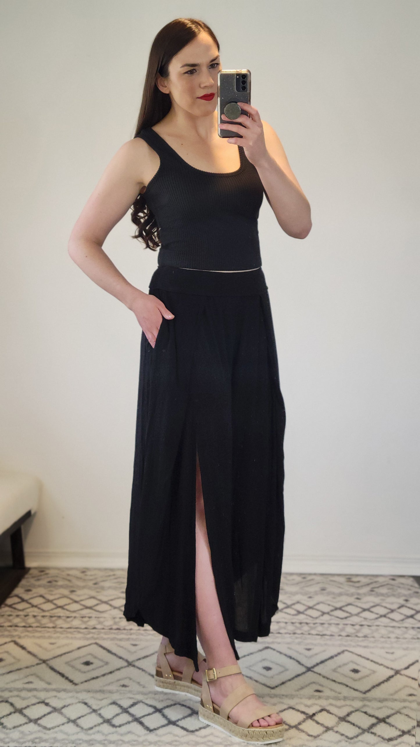 Black Linen Wide Leg Front Slit Pants with Pockets “Sarah”