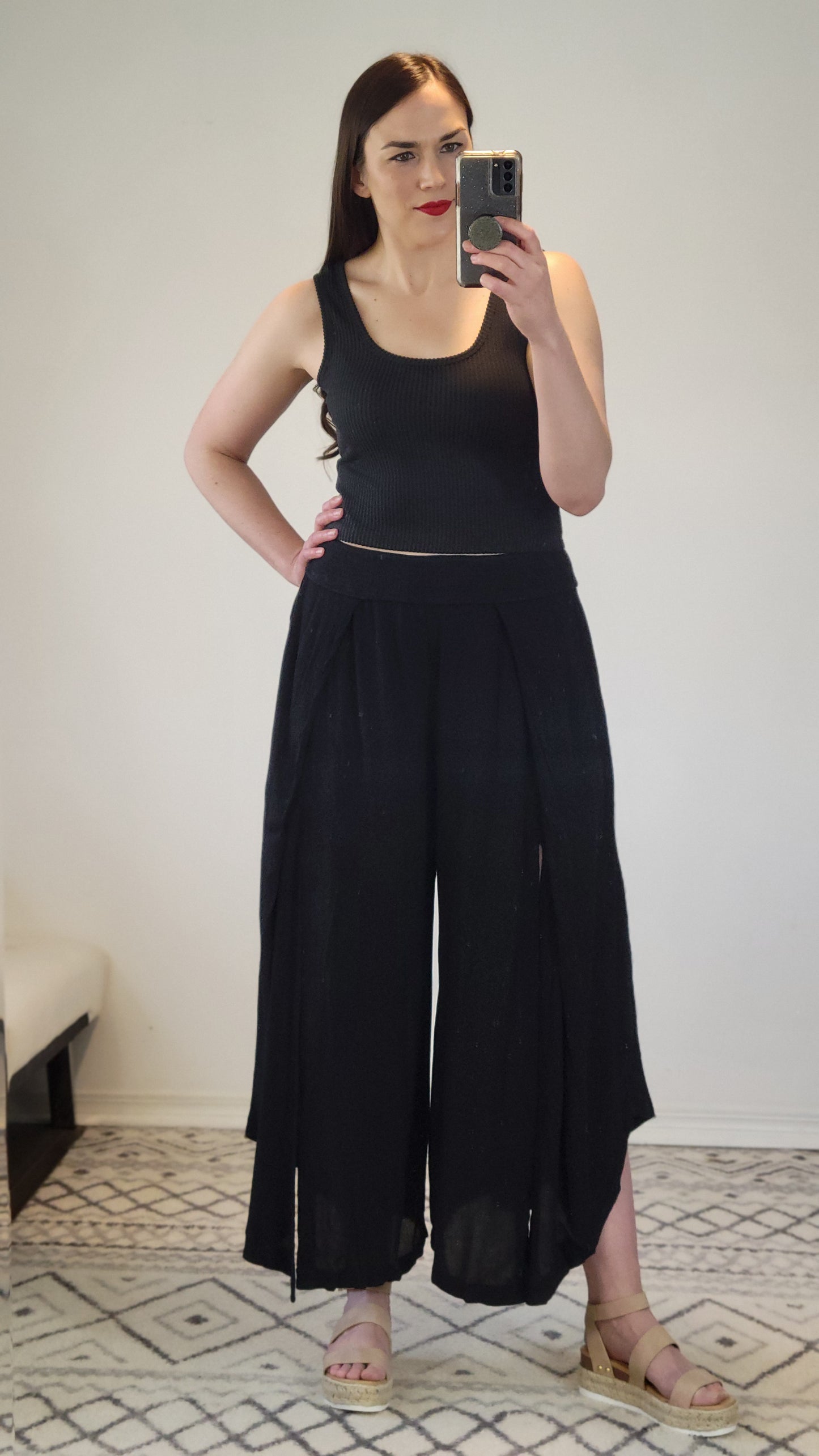 Black Linen Wide Leg Front Slit Pants with Pockets “Sarah”