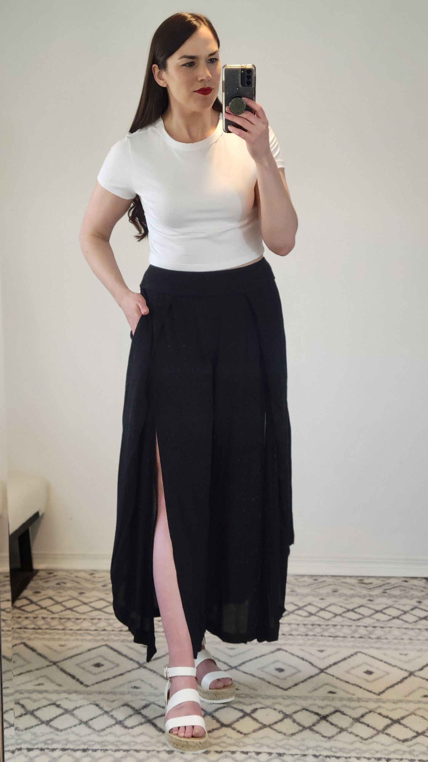 Black Linen Wide Leg Front Slit Pants with Pockets “Sarah”
