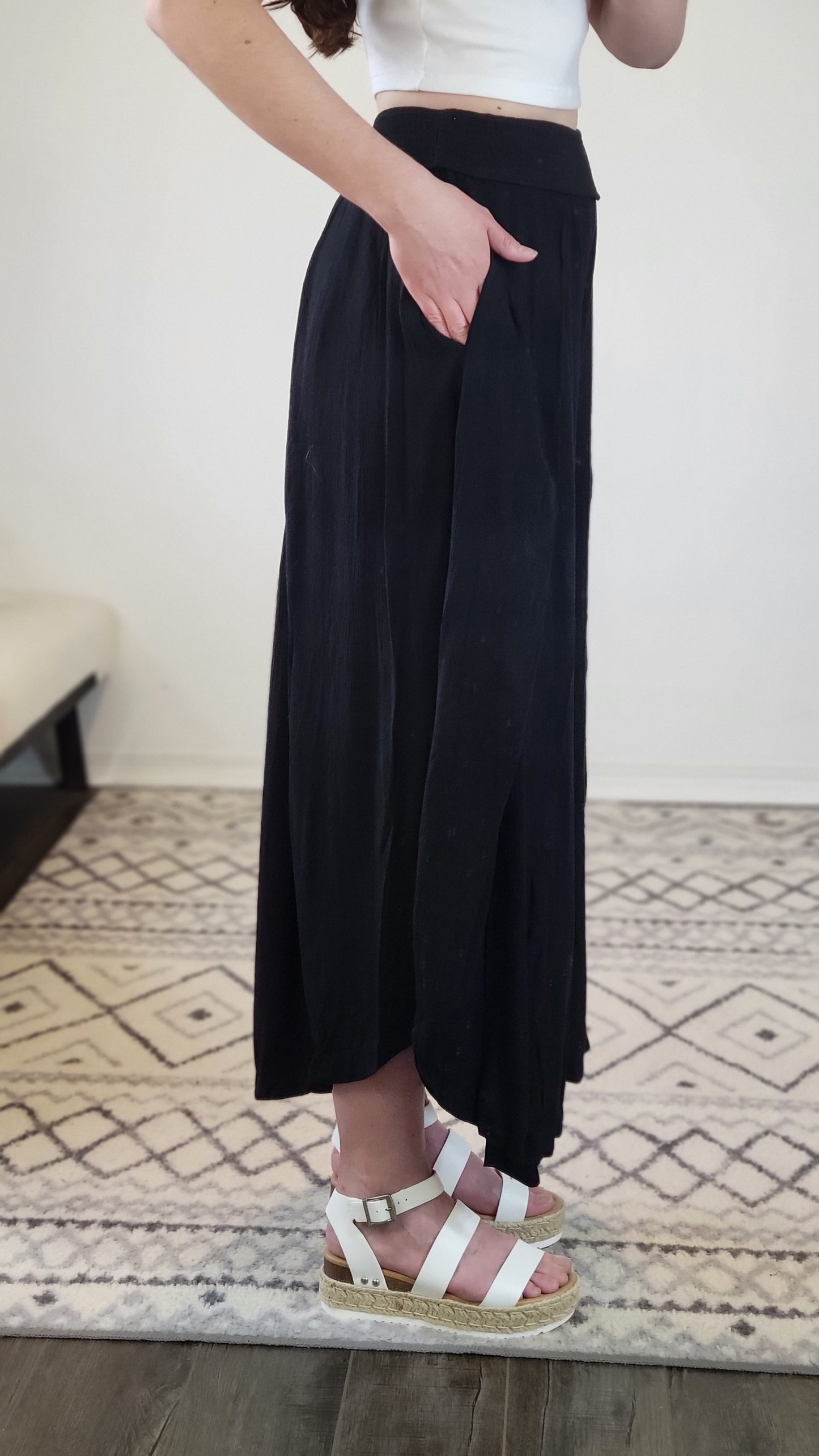 Black Linen Wide Leg Front Slit Pants with Pockets “Sarah”