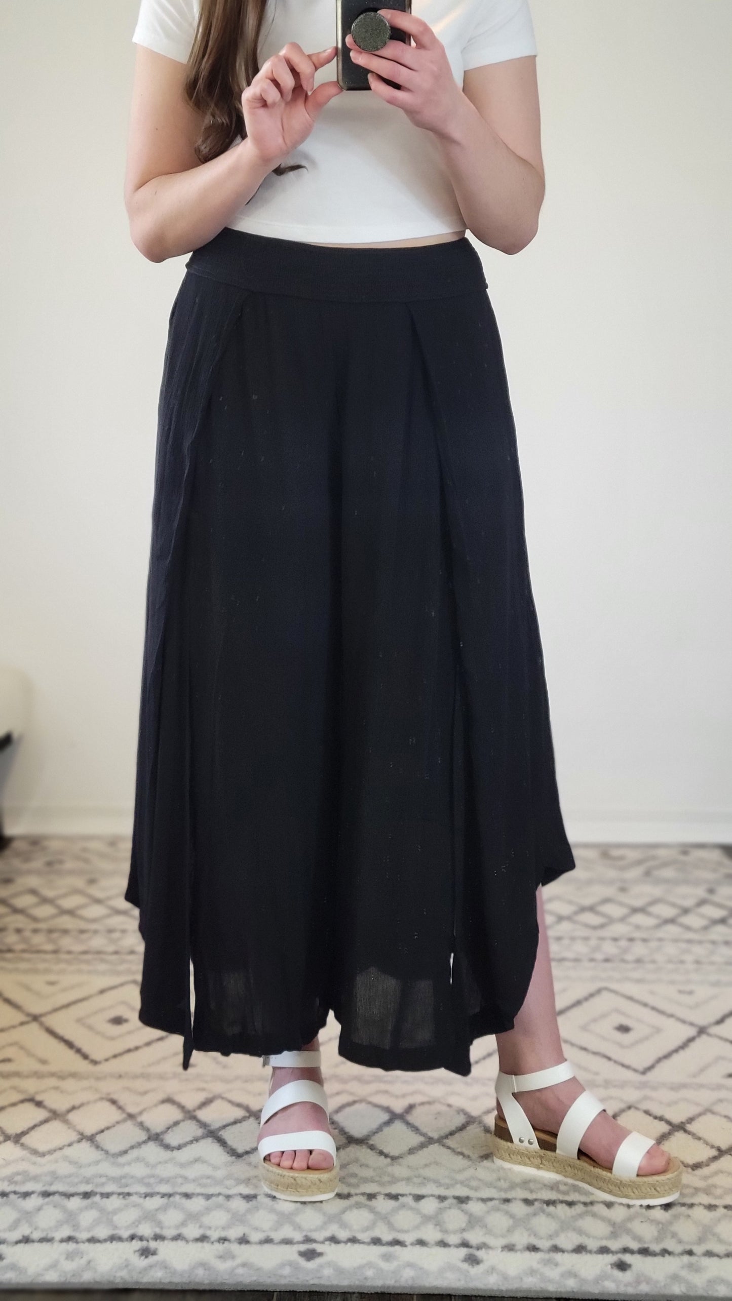 Black Linen Wide Leg Front Slit Pants with Pockets “Sarah”