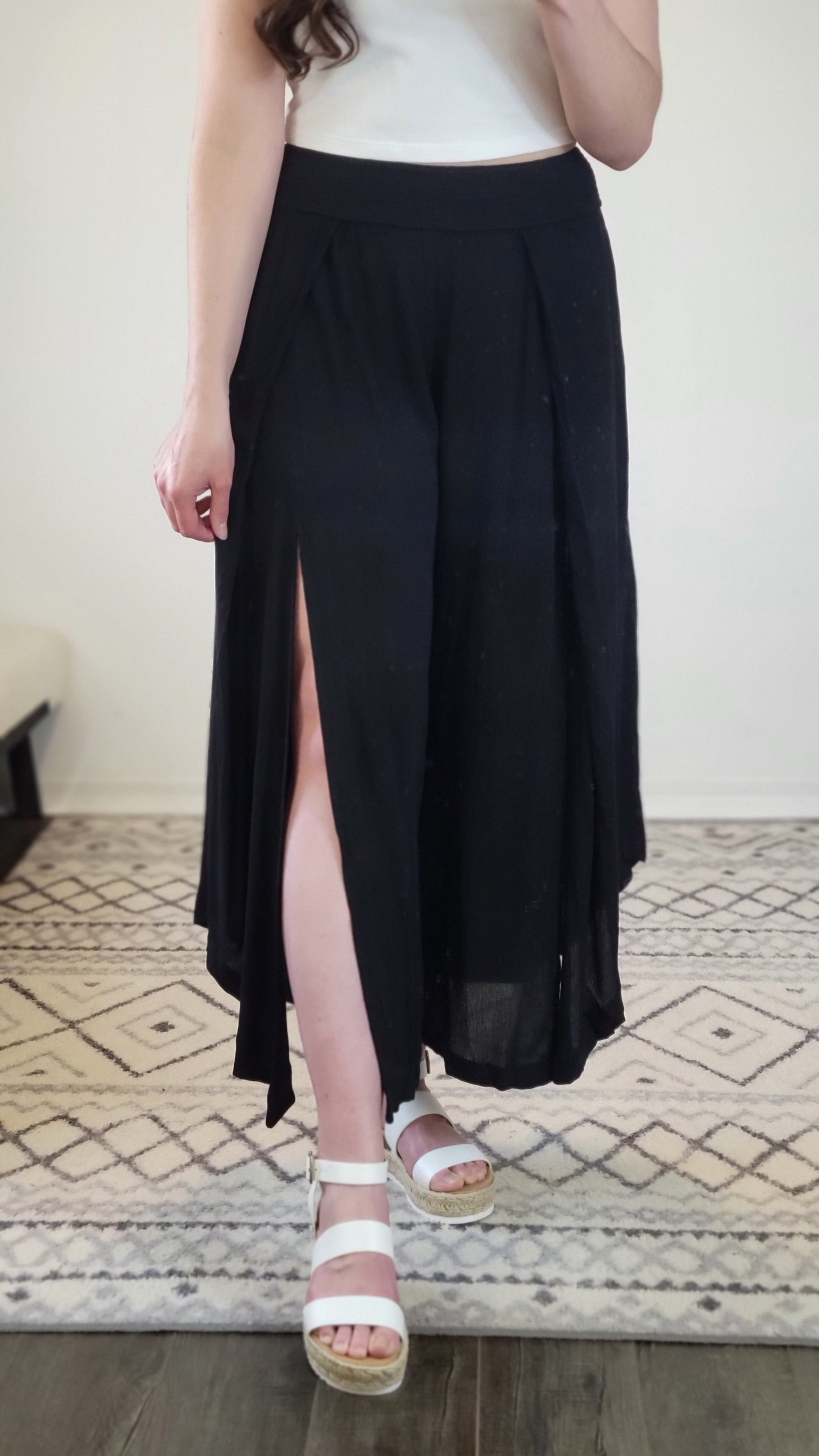 Black Linen Wide Leg Front Slit Pants with Pockets “Sarah”