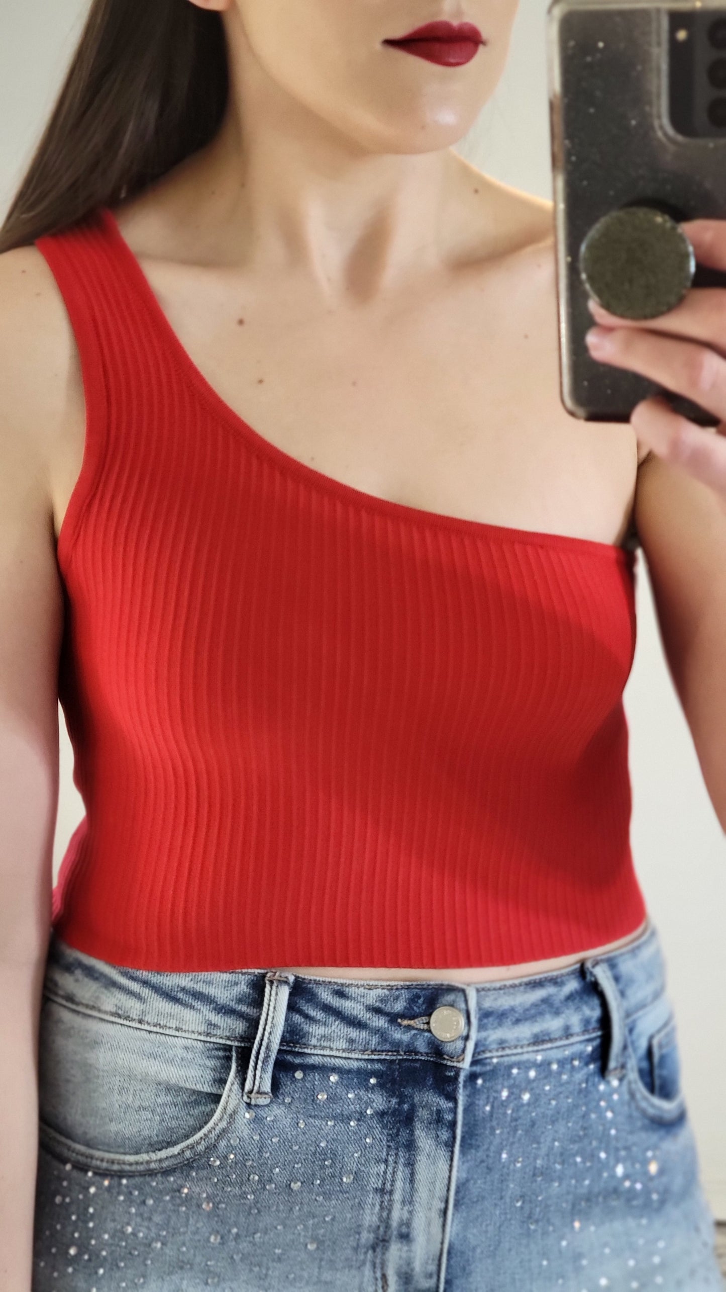 Firecracker Red One Shoulder Ribbed Crop Top “Kiara” (S)
