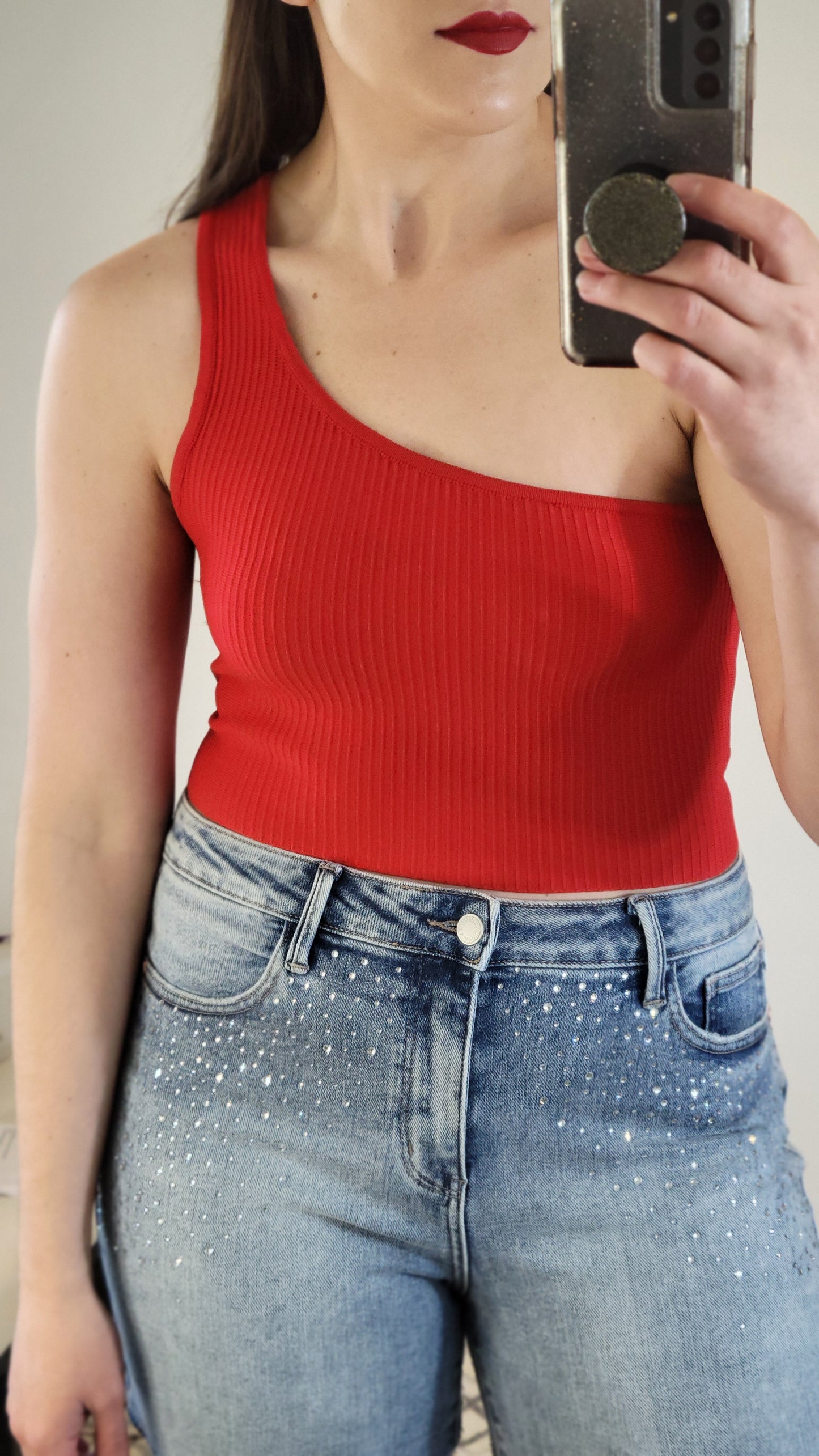 Firecracker Red One Shoulder Ribbed Crop Top “Kiara” (S)