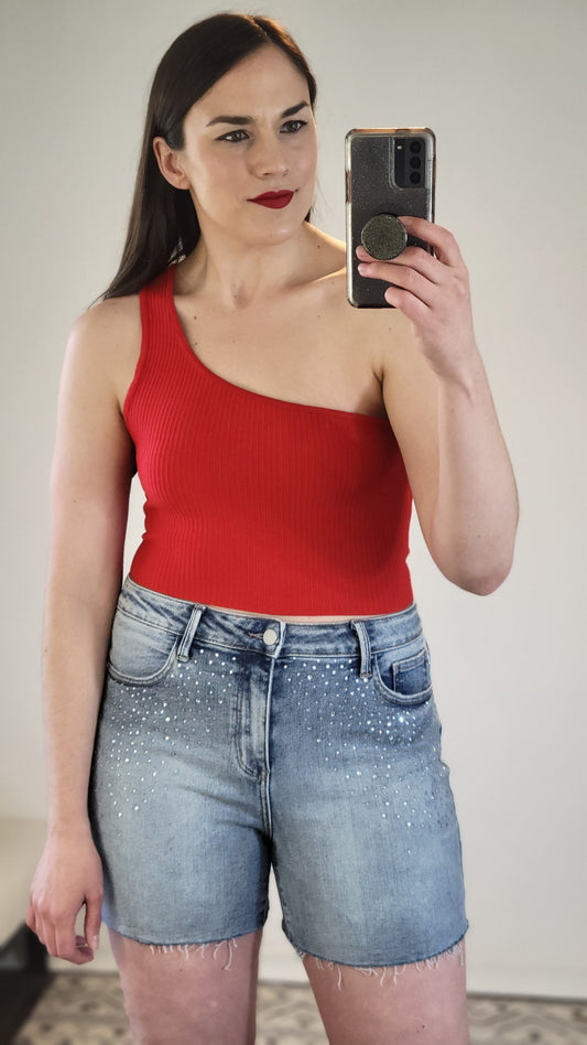 Firecracker Red One Shoulder Ribbed Crop Top “Kiara”