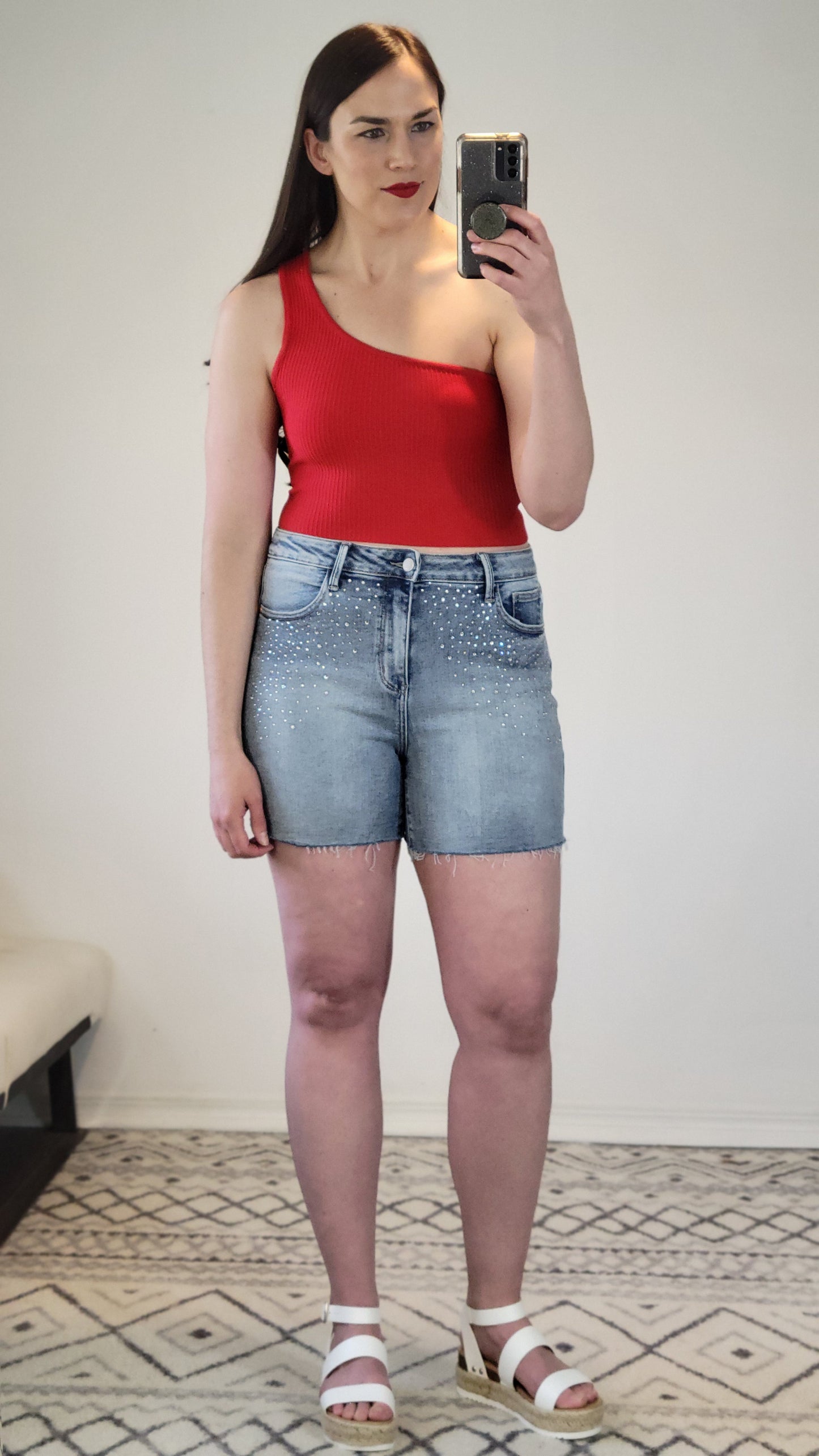 Firecracker Red One Shoulder Ribbed Crop Top “Kiara” (S)