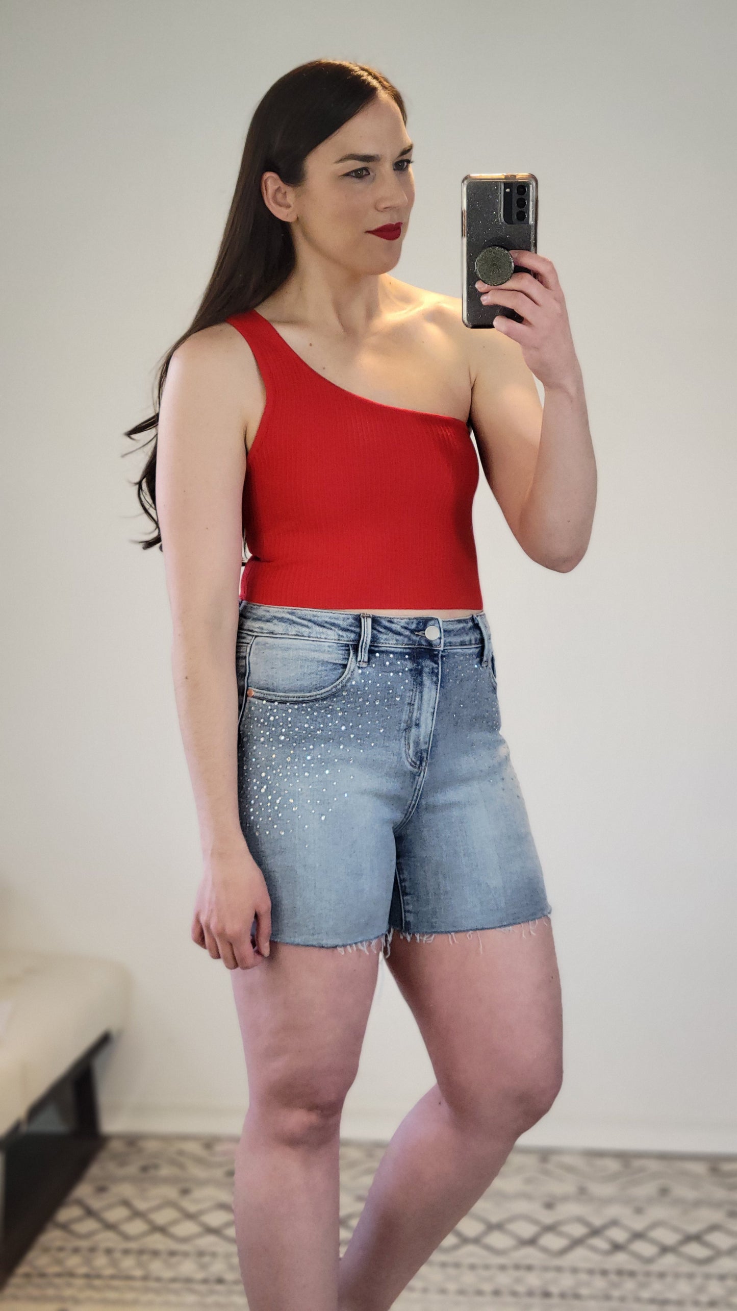Firecracker Red One Shoulder Ribbed Crop Top “Kiara” (S)