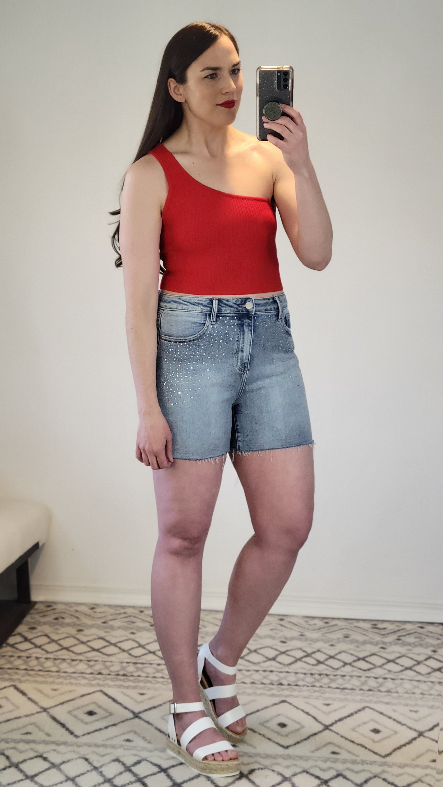 Firecracker Red One Shoulder Ribbed Crop Top “Kiara” (S)