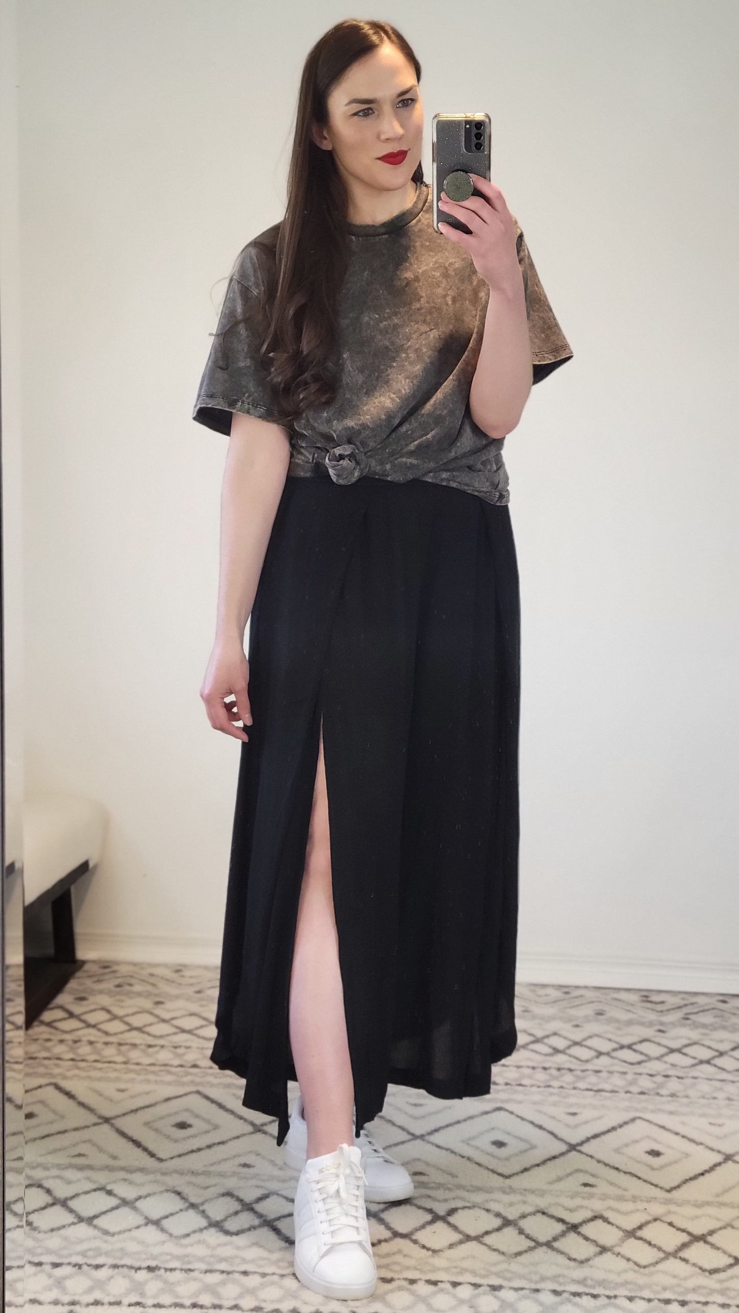 Black Linen Wide Leg Front Slit Pants with Pockets “Sarah”