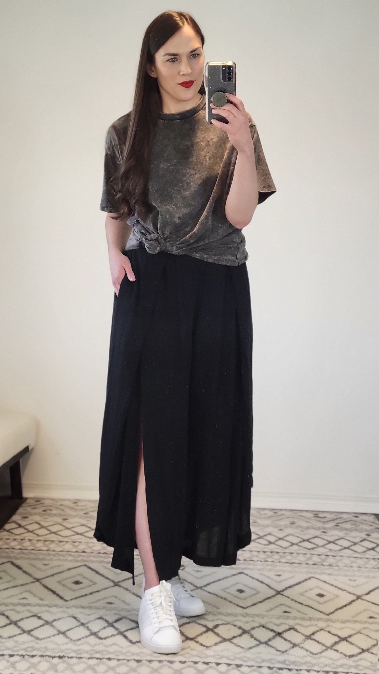 Black Linen Wide Leg Front Slit Pants with Pockets “Sarah”