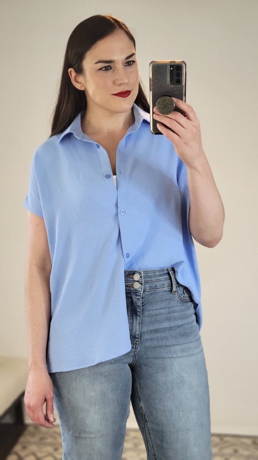 Light Blue Airflow Button Down Dolman Top “Posie”