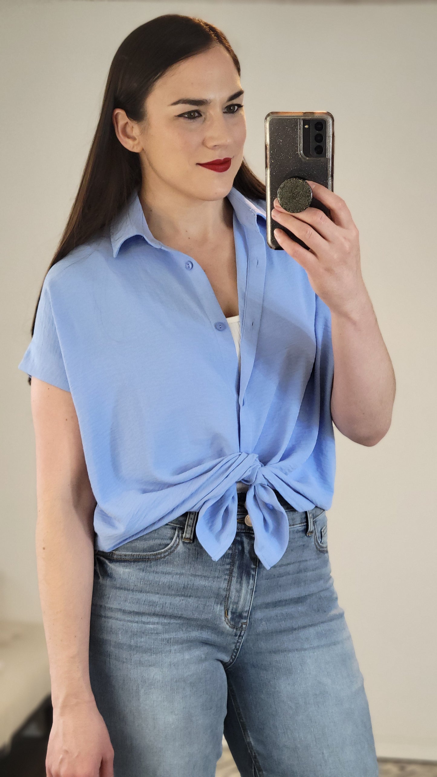 Light Blue Airflow Button Down Dolman Top “Posie”