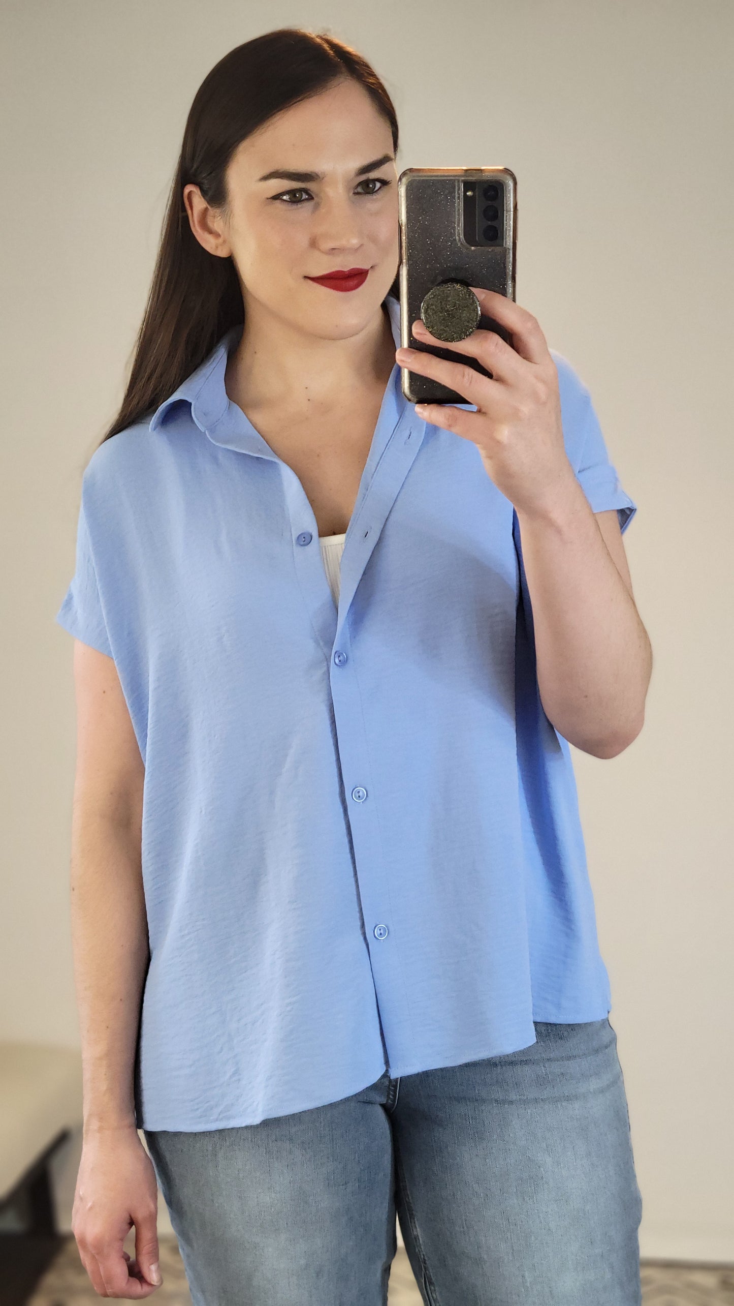 Light Blue Airflow Button Down Dolman Top “Posie”