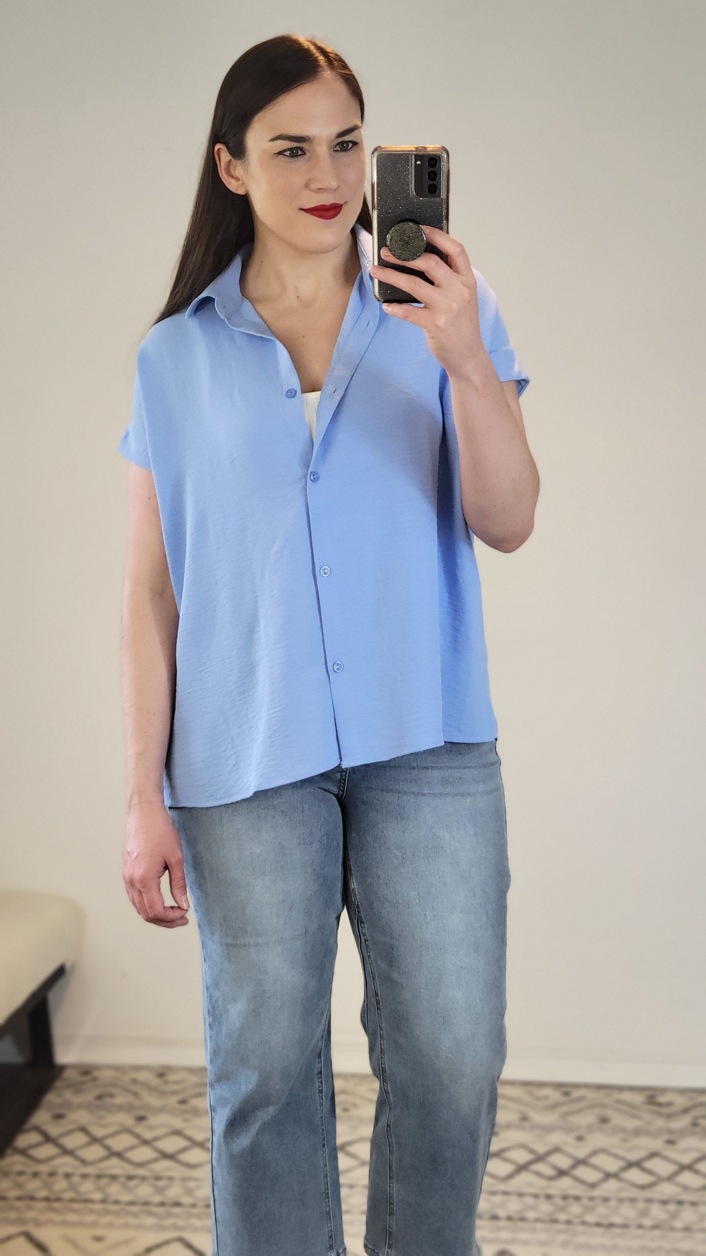 Light Blue Airflow Button Down Dolman Top “Posie”