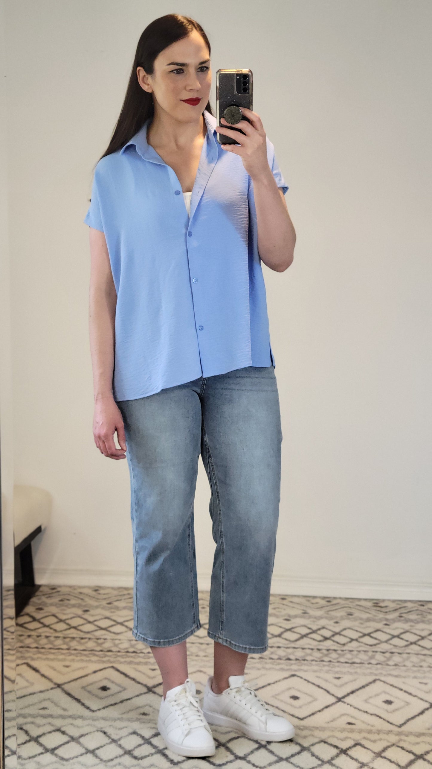 Light Blue Airflow Button Down Dolman Top “Posie”