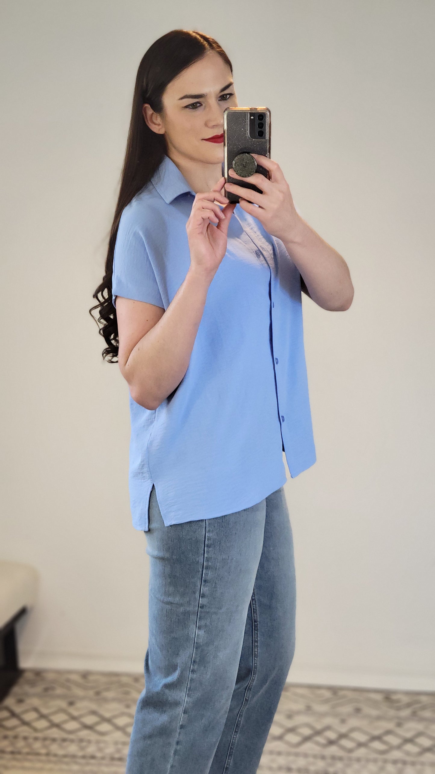 Light Blue Airflow Button Down Dolman Top “Posie”