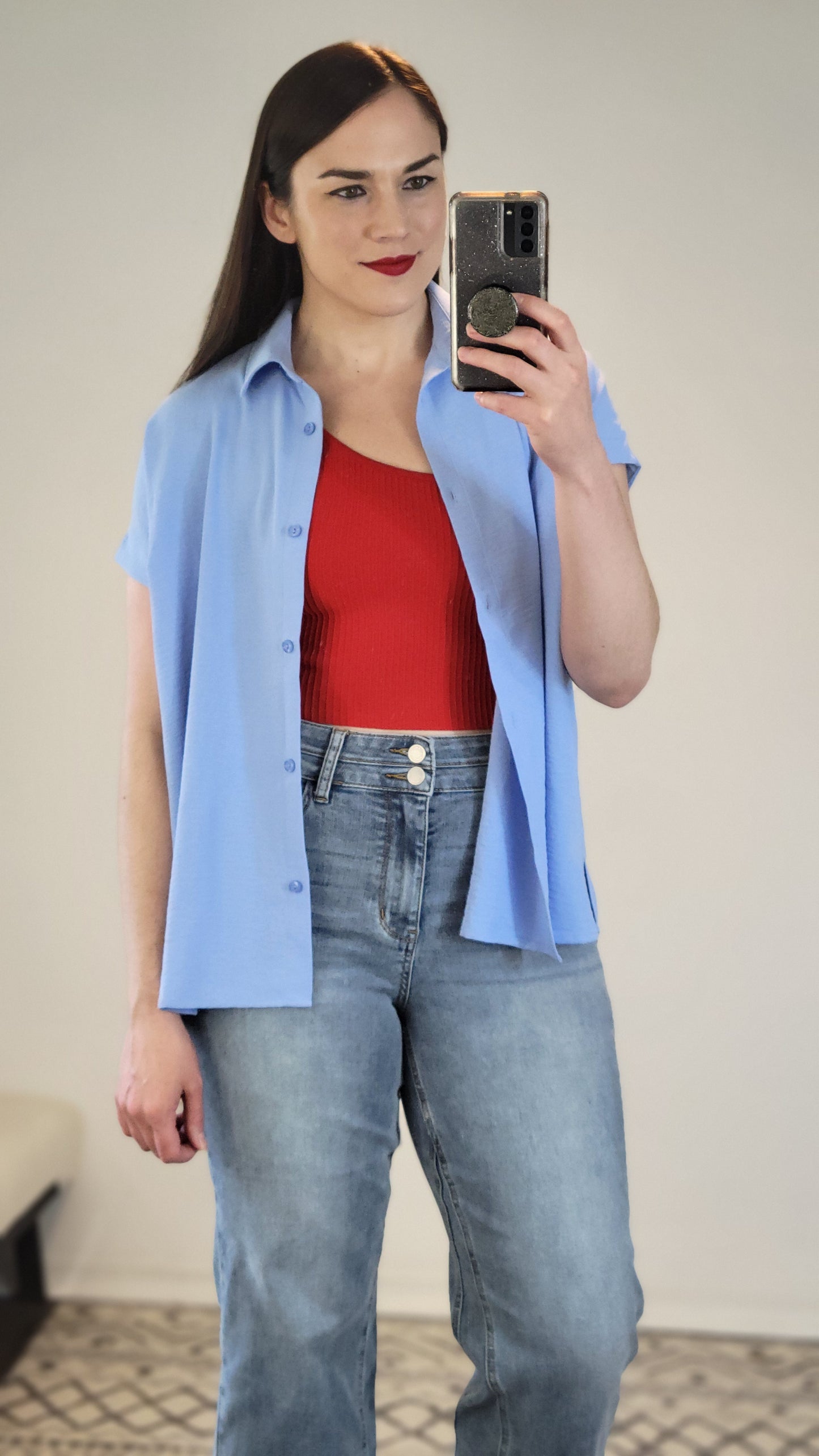 Light Blue Airflow Button Down Dolman Top “Posie”