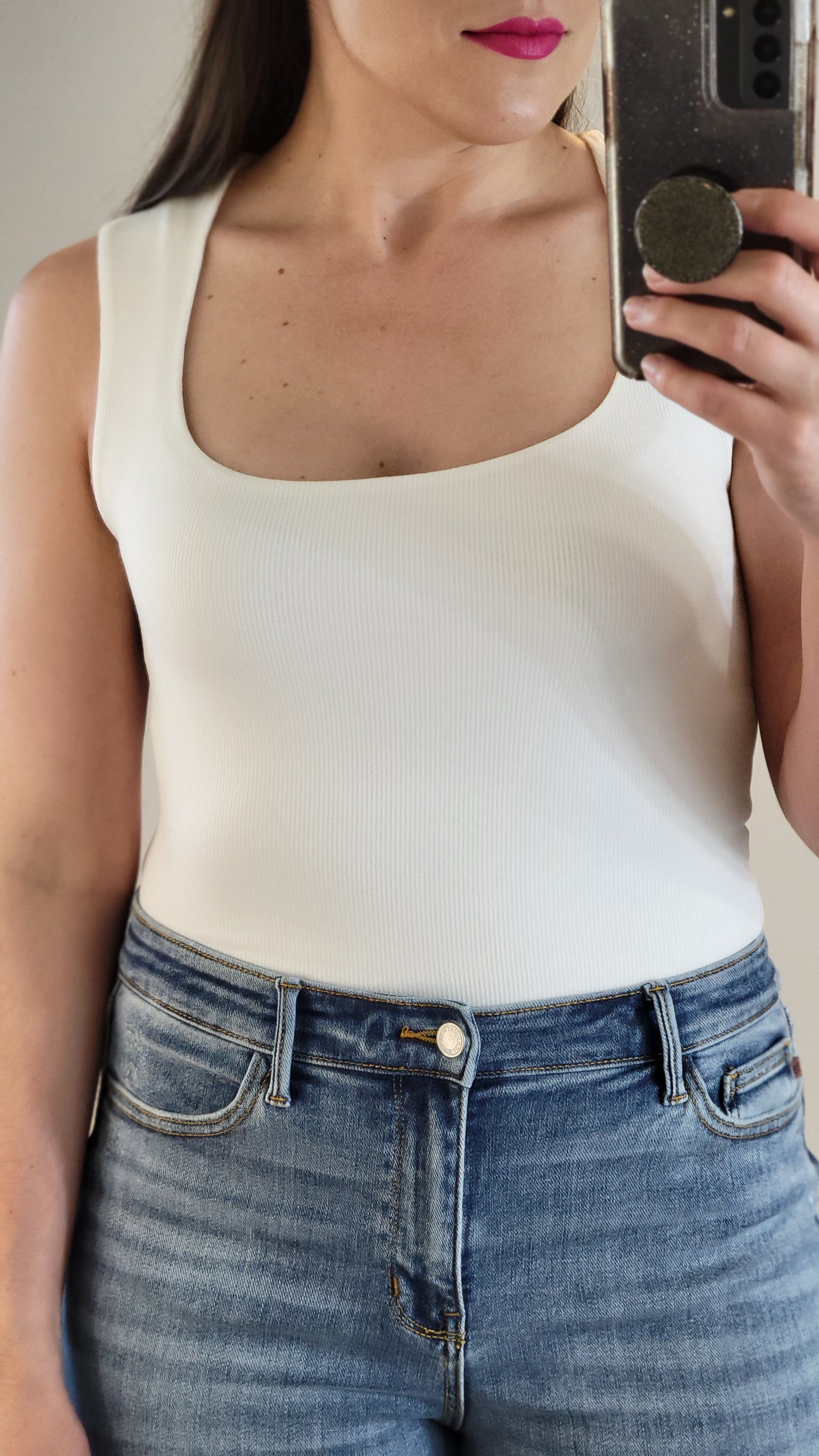 Off White Double Layer Baby Rib Square Neck Fitted Tank Top “Cali” (S)