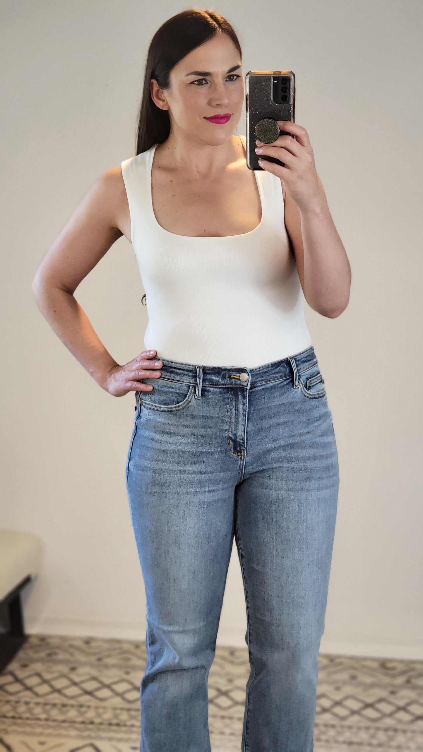 Off White Double Layer Baby Rib Square Neck Fitted Tank Top “Cali” (S)