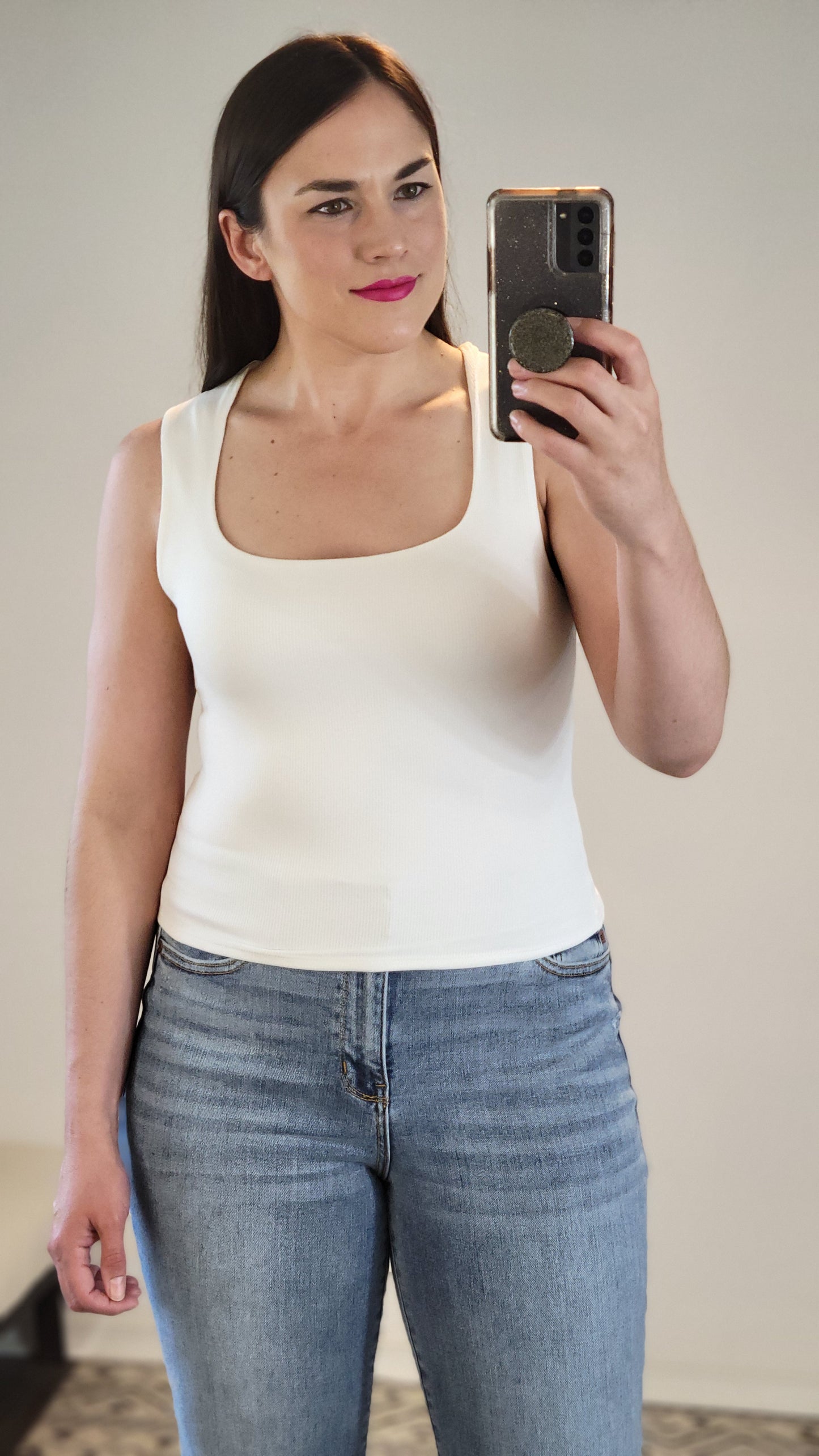 Off White Double Layer Baby Rib Square Neck Fitted Tank Top “Cali” (S)