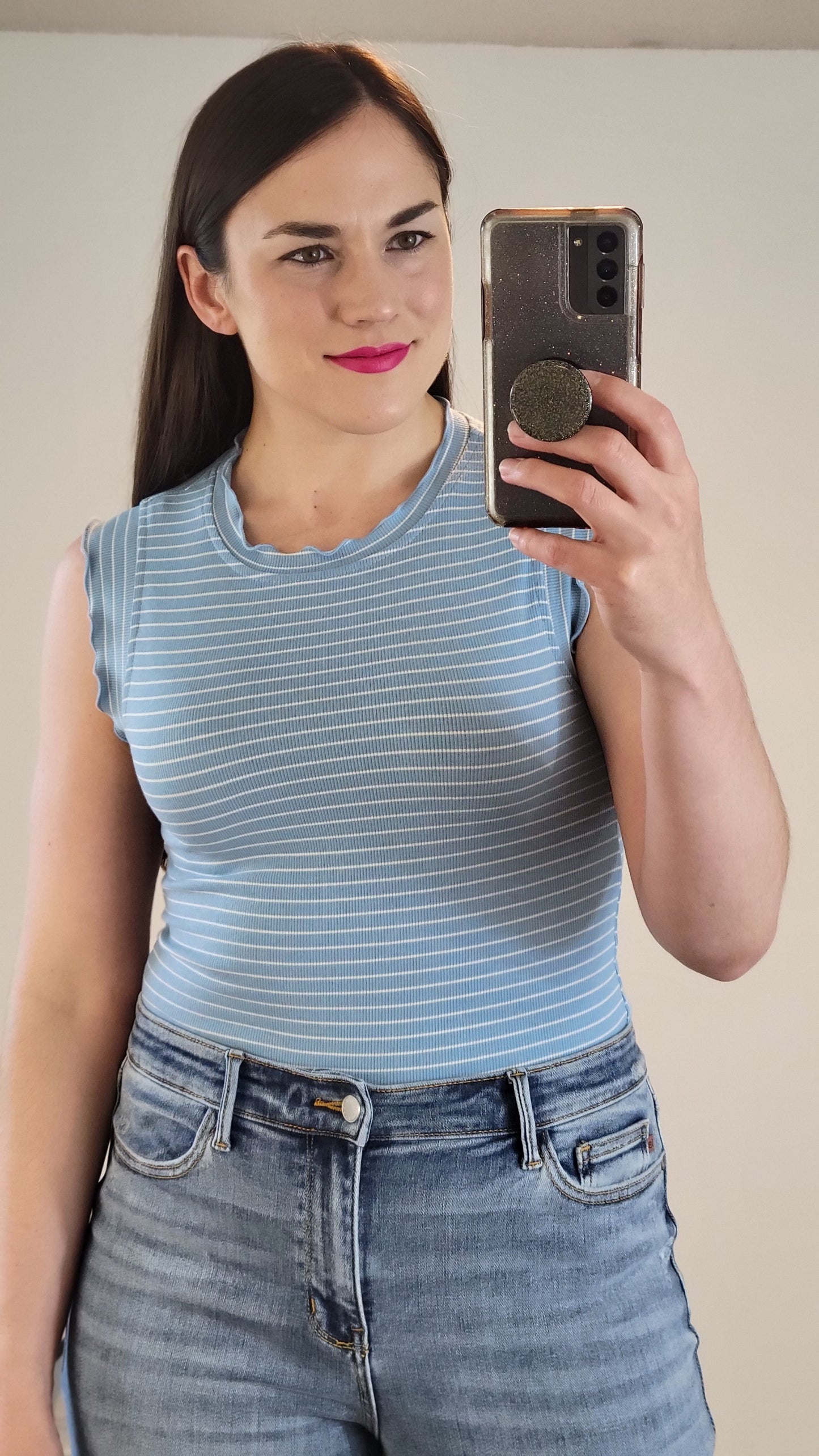 Sky Blue/White Striped Fitted Ruffle Tank Top “Diane”