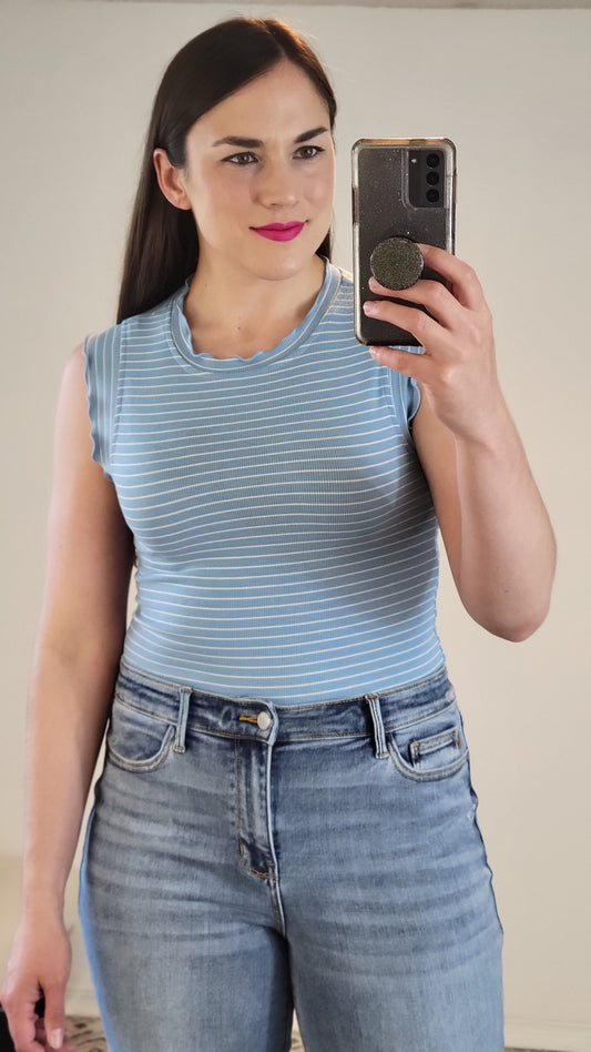 Sky Blue/White Striped Fitted Ruffle Tank Top “Diane”