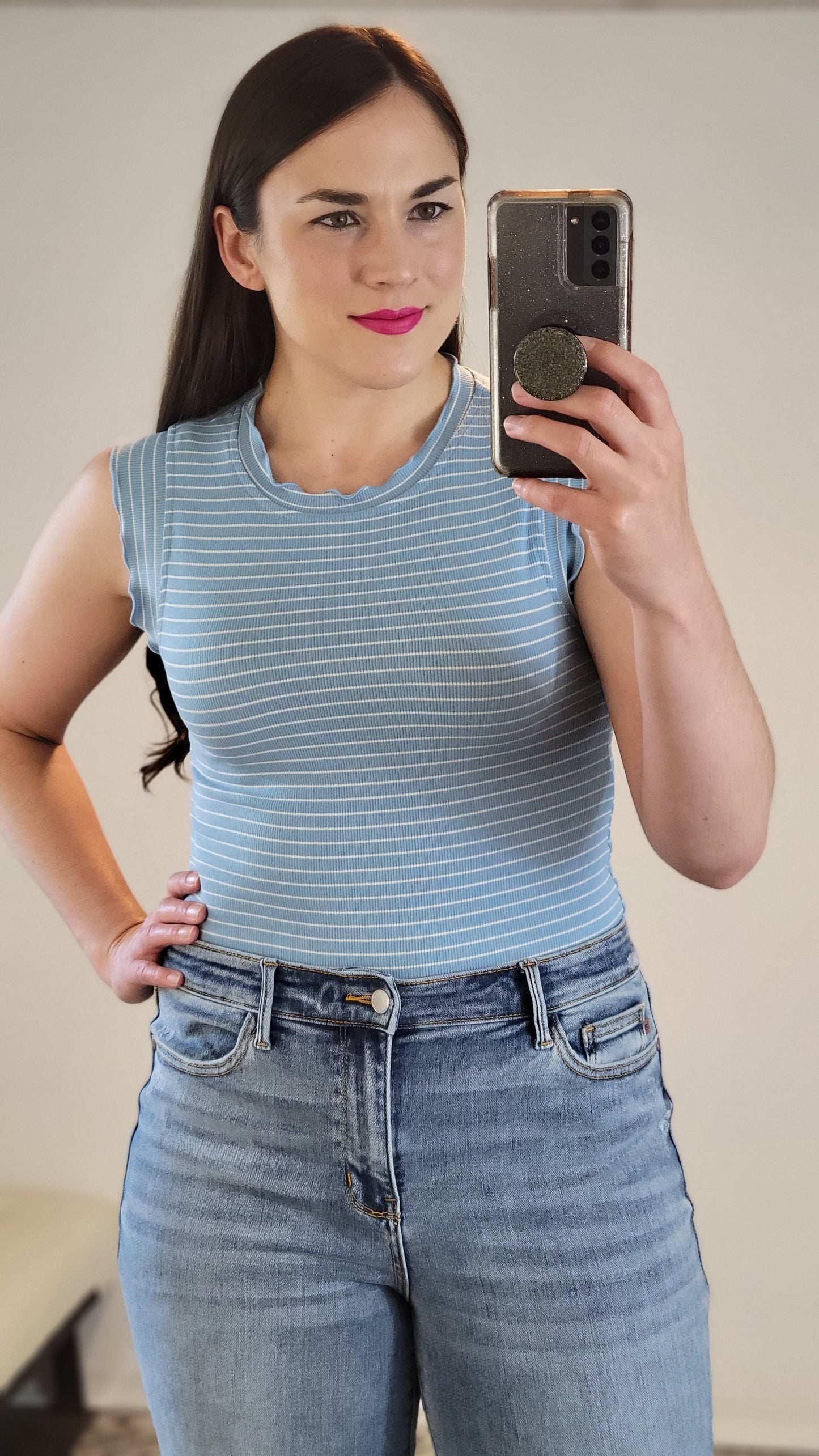 Sky Blue/White Striped Fitted Ruffle Tank Top “Diane”